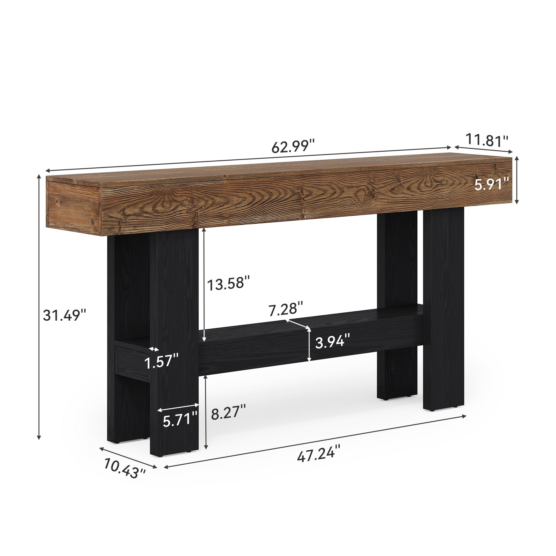 63" Solid Wood Console Table, Narrow Sofa Table with Storage Shelf
