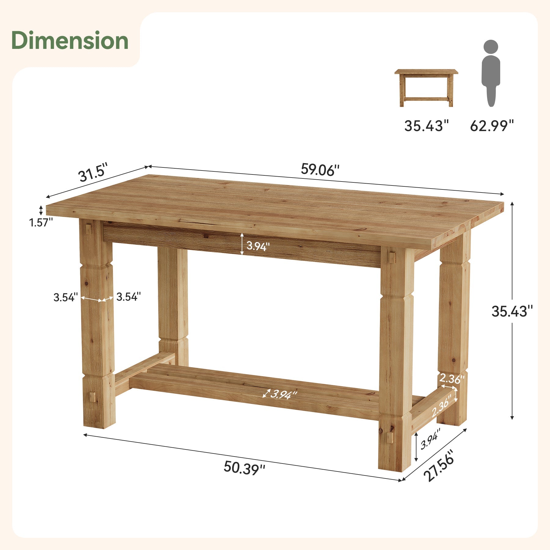 59" Solid Wood Home Bar Table, Counter Height Table with Spacious Tabletop