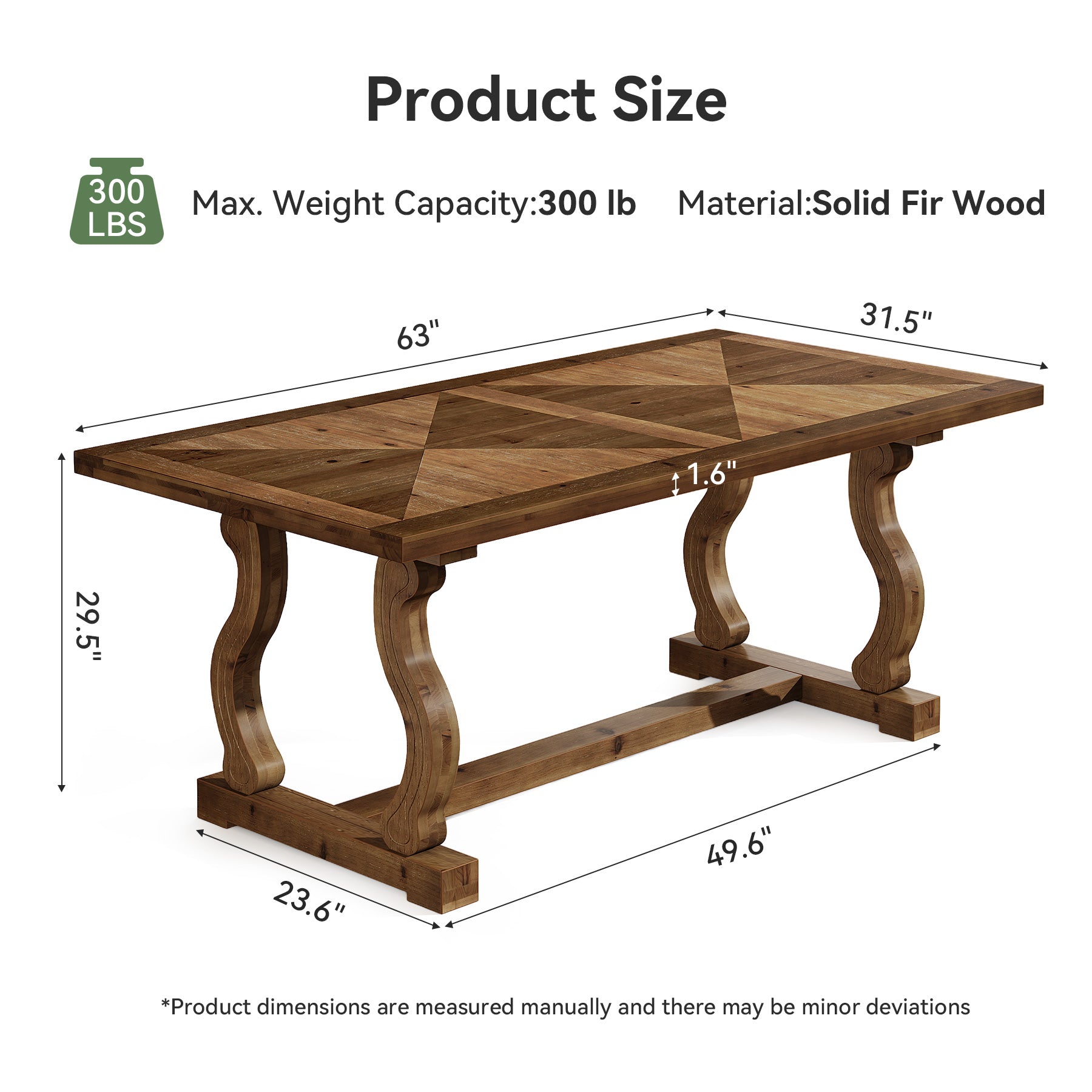63" Solid Wood Farmhouse Dining Table for 4–6, Rectangular Kitchen Table with Parquetry Top & Scroll Legs