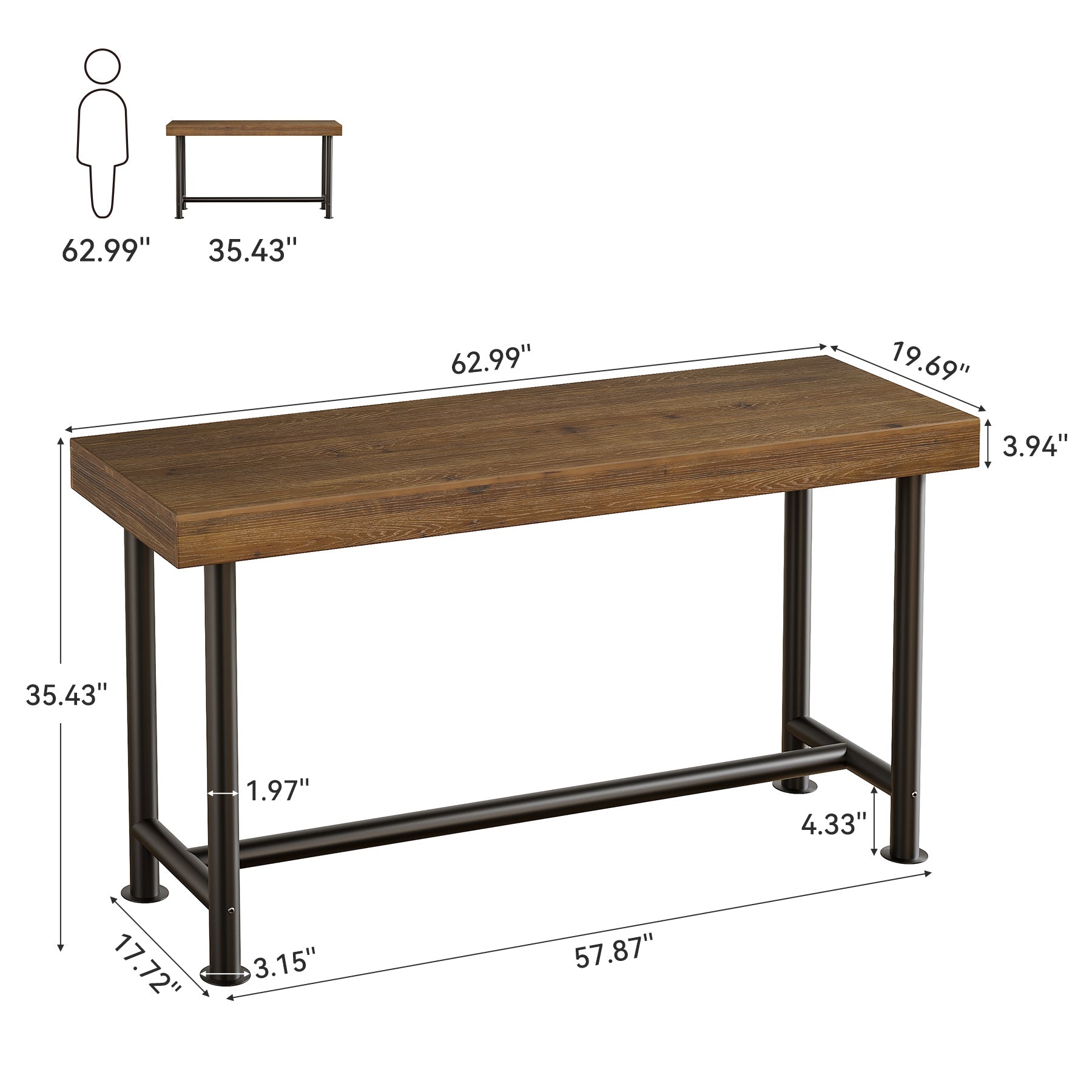 63" Solid Wood Bar Table, Rectangular Counter Height Pub Table with Metal Legs