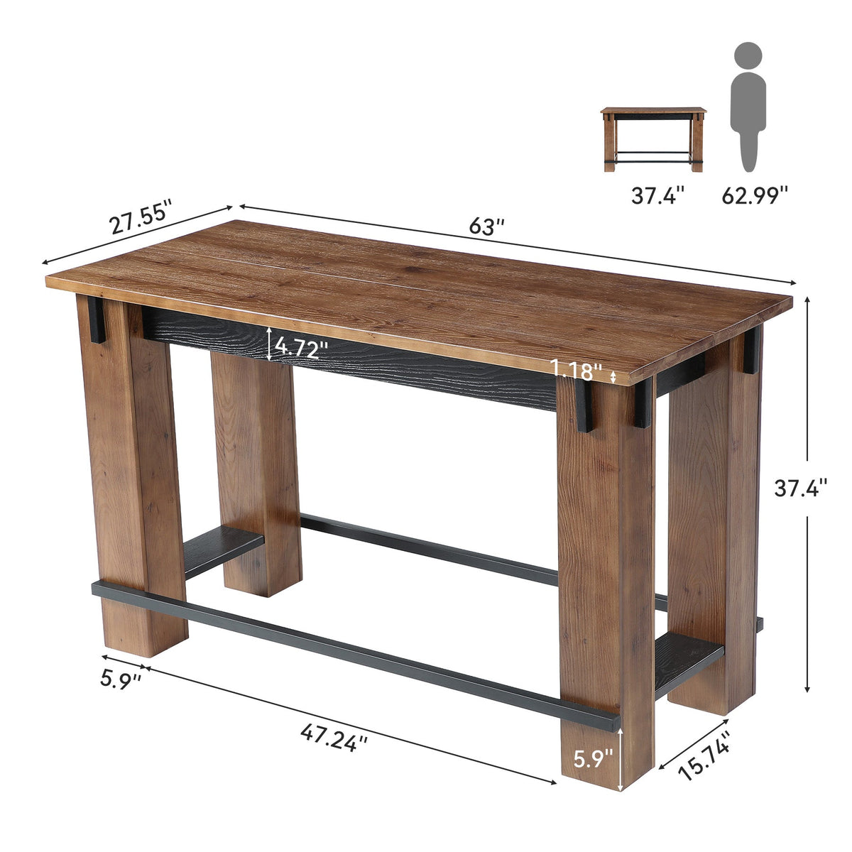63" Farmhouse Solid Wood Bar Table, Metal Footrest, Counter Height Rectangle Pub Table