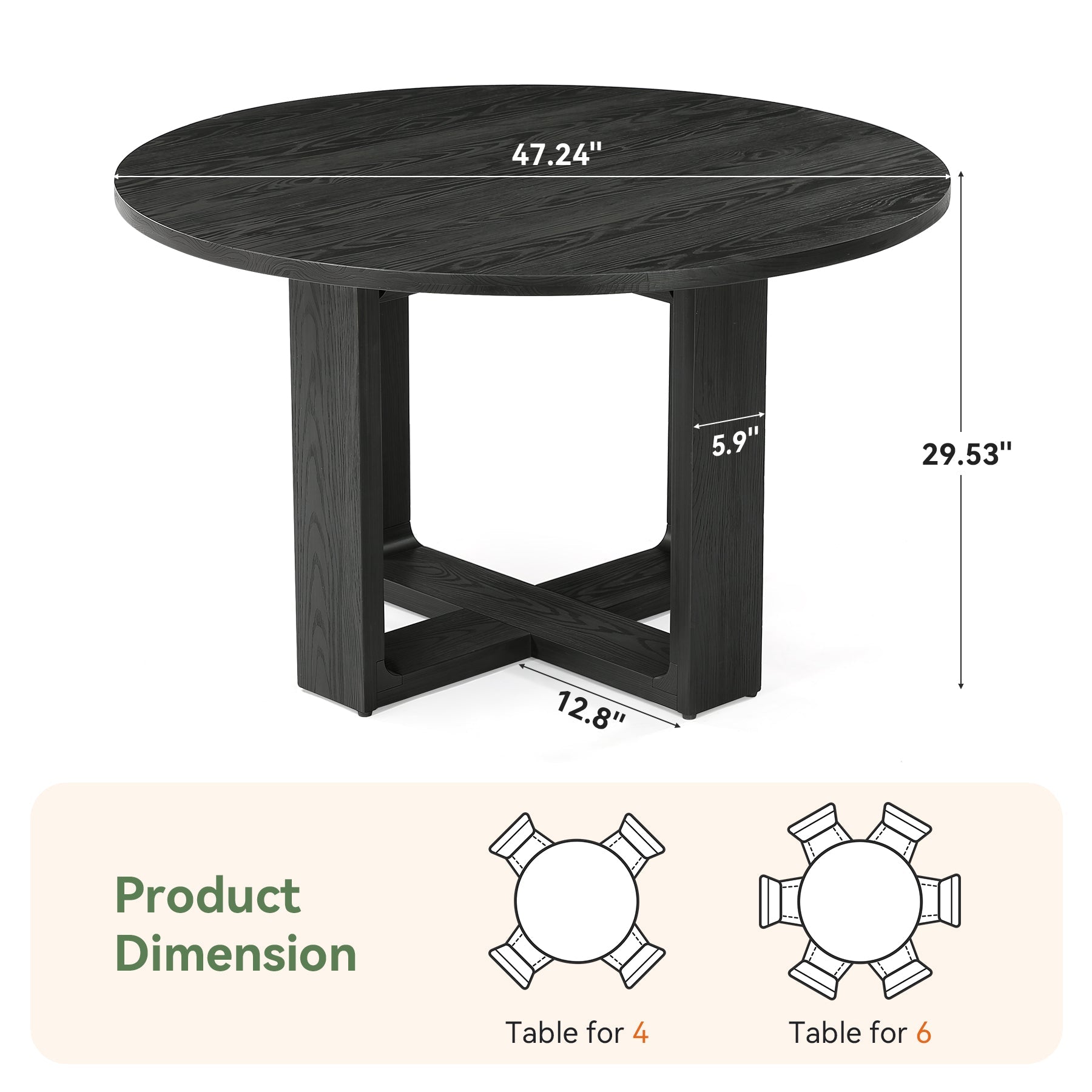 47.24" Round Solid Wood Dining Table, Black Kitchen Table for 4–6 with Cross-Shaped Base