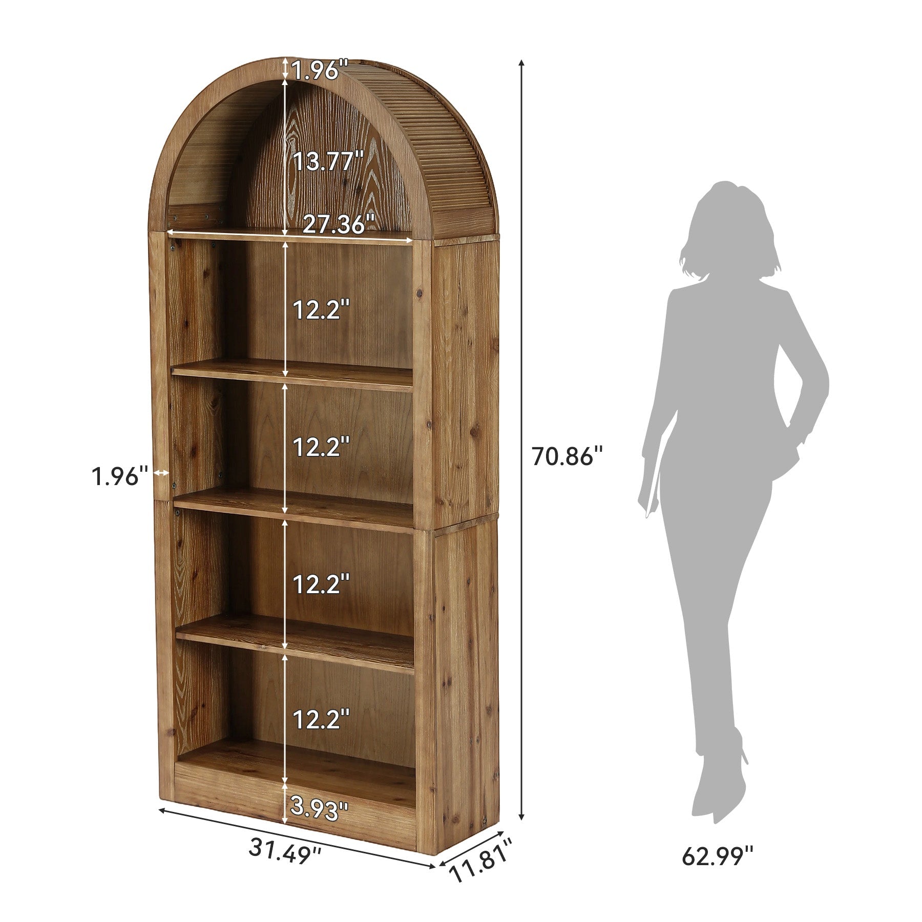 70.8" Solid Wood Tall Bookcase , 5-Tier Arched Bookshelf Open Display Etagere