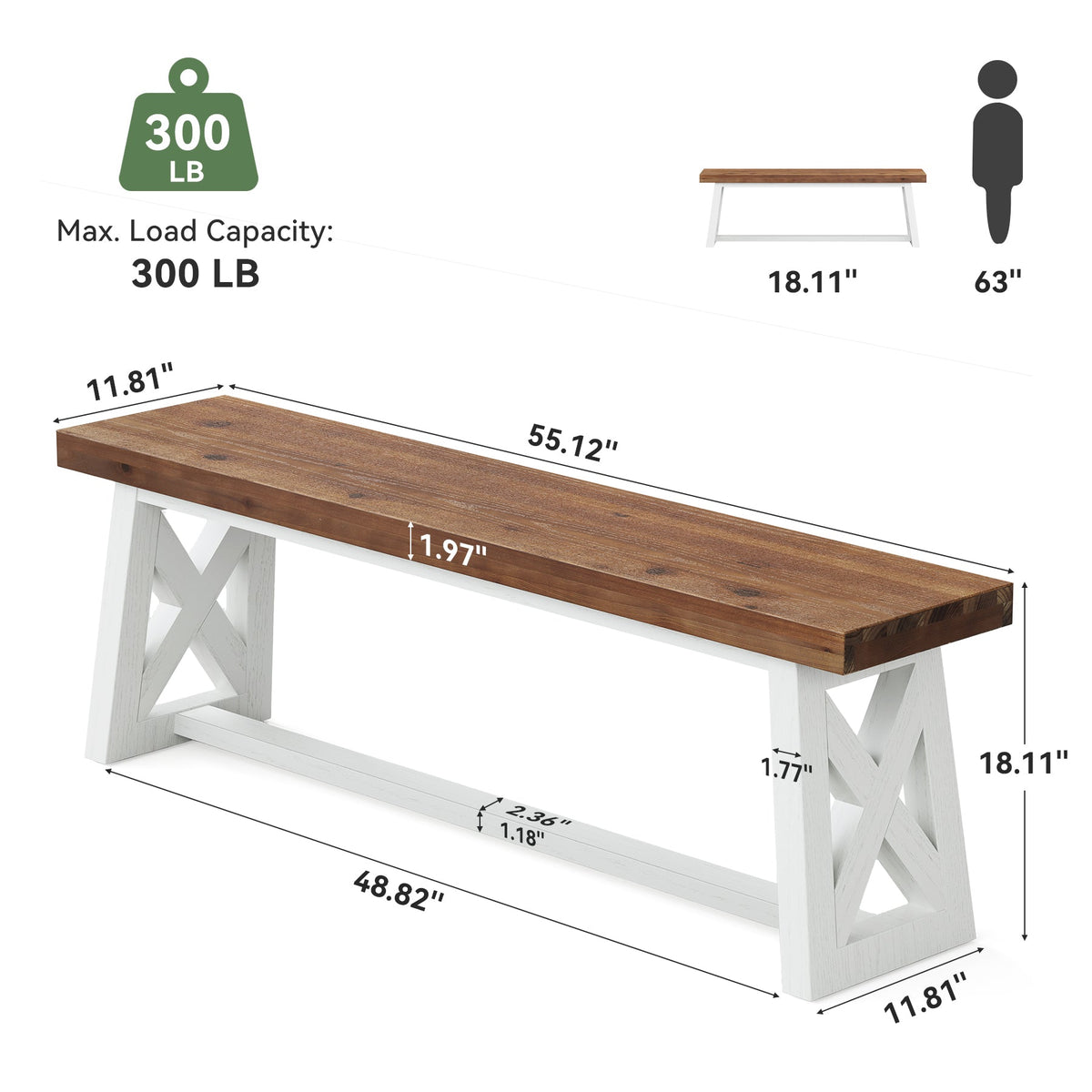 55" Two-Tone Farmhouse End of Bed Bench, Rustic Solid Wood, Bedroom Hallway
