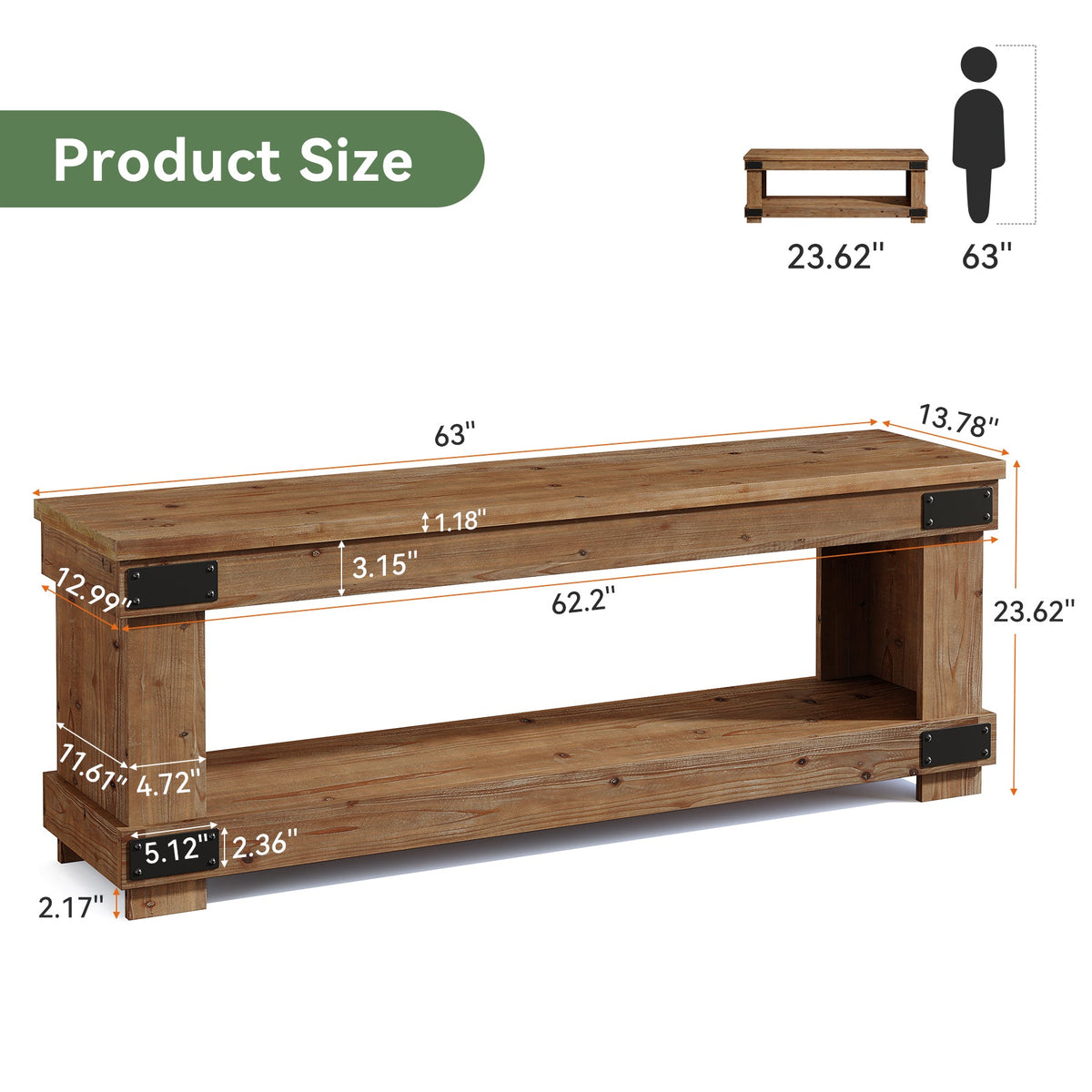 63" Solid Wood Entryway Bench, 2-Tier Shoe Storage, Industrial Hallway Bench