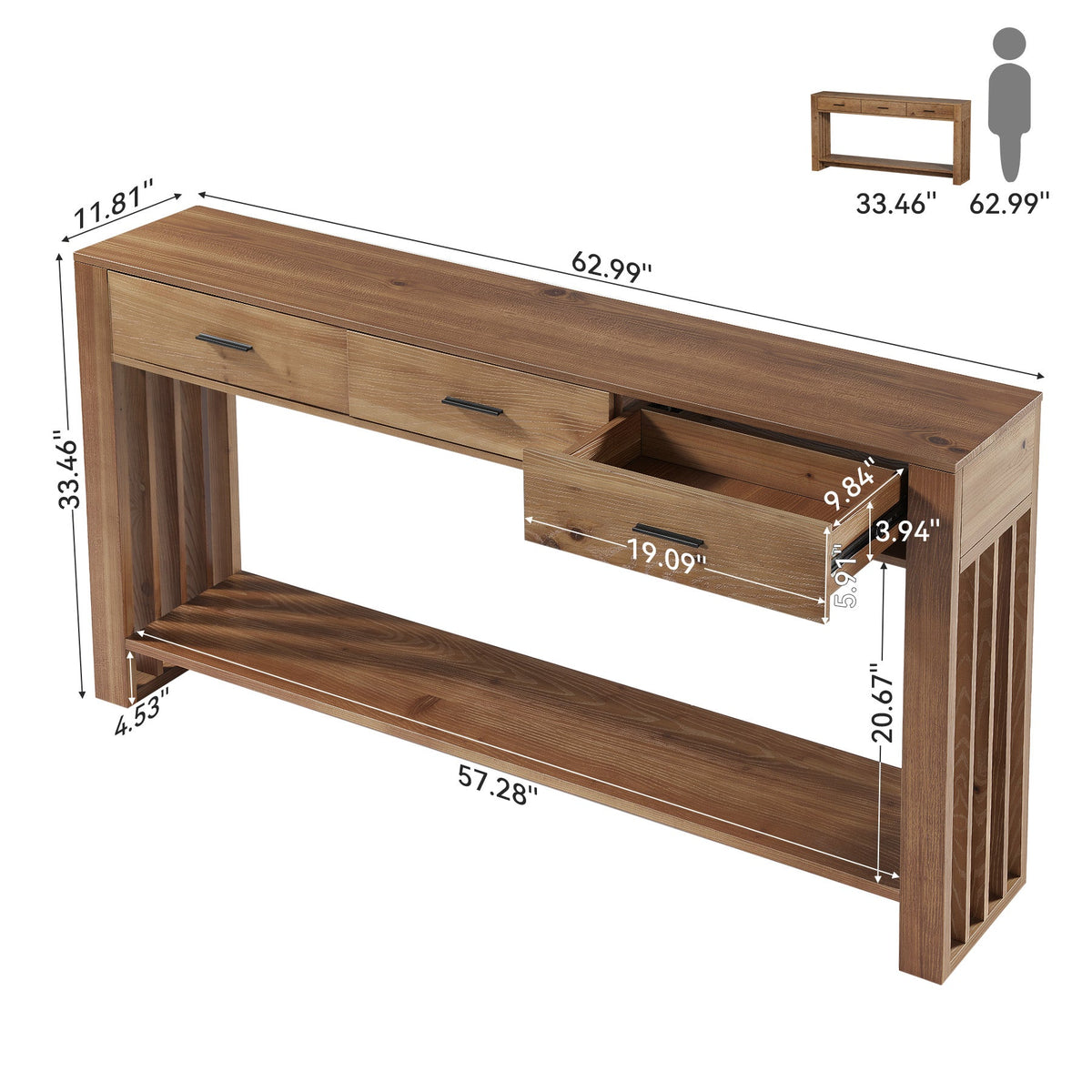 63" Solid Wood Console Table, 3 Drawers 2-Tier Narrow Farmhouse Entryway Table