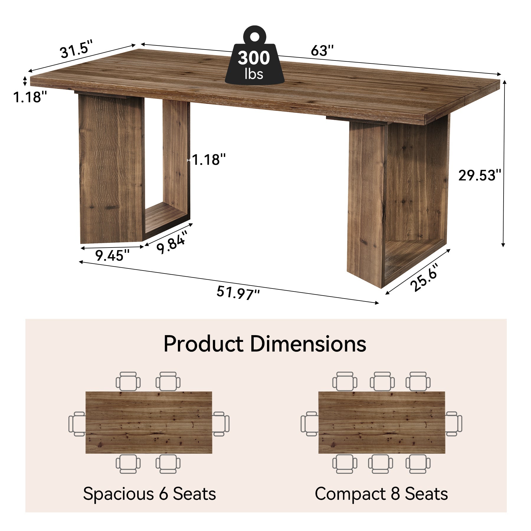 63" Solid Wood Dining Table, Rectangle Kitchen Table with U-Shaped Frames for 4-6