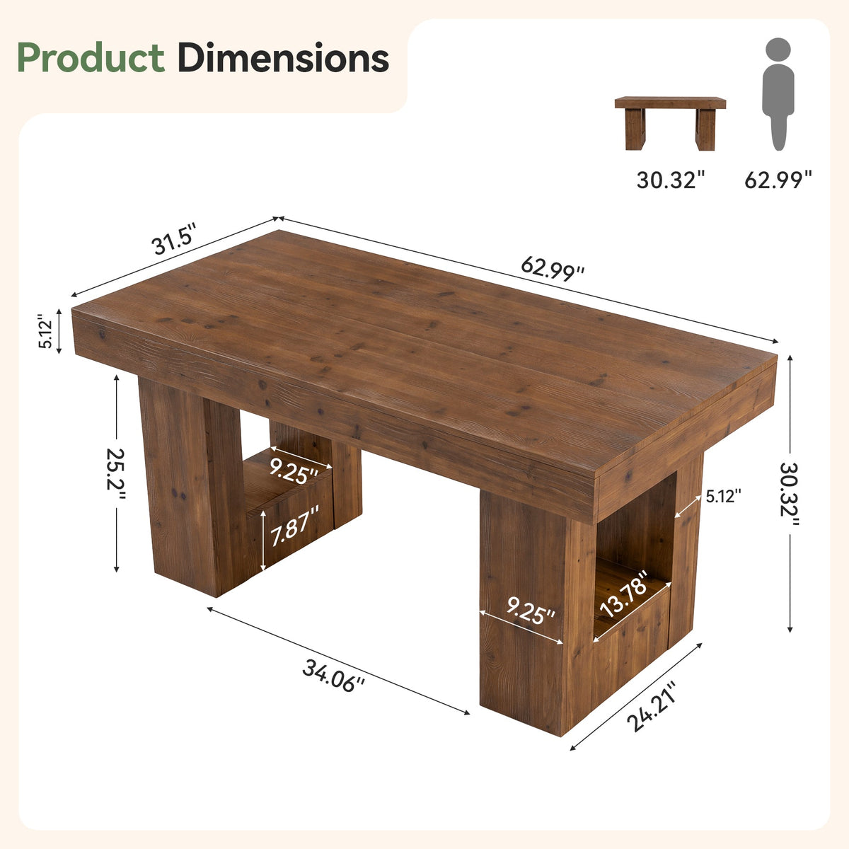 63" Solid Wood Dining Table for 4-6, Rectangular Kitchen Table with Heavy-Duty Base