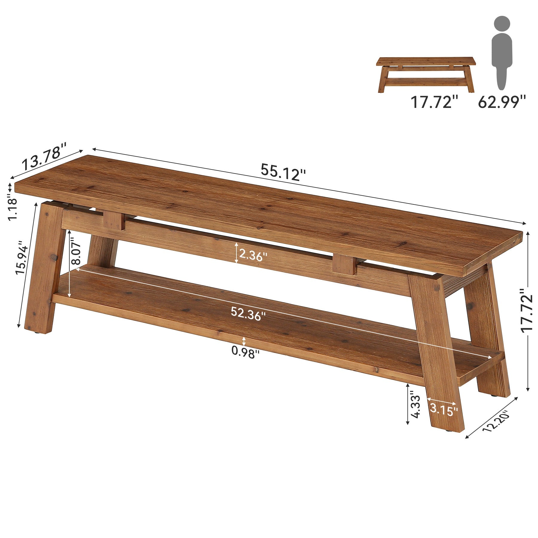 55" Solid Wood Entryway Bench, Farmhouse End of Bed Bench with Shoe Storage