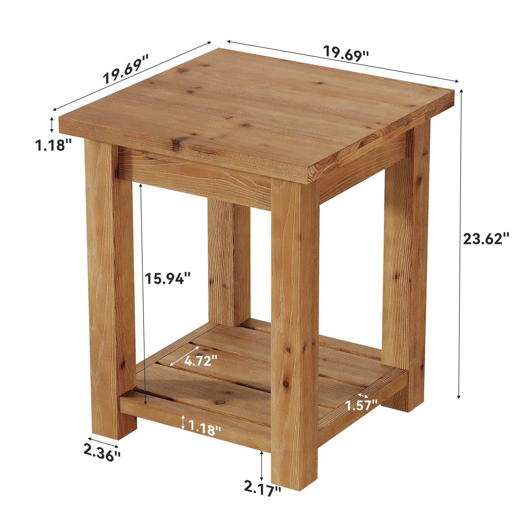 19.7" Solid Wood End Table, Square Side Table with Storage Shelves for Living Room