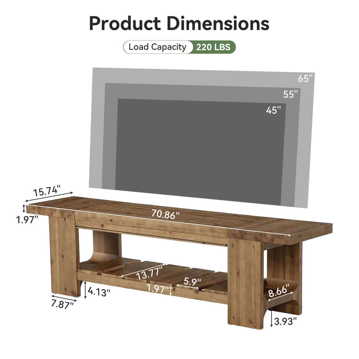 70.9" Solid Wood  TV Stand, Media Console with with Lower Storage Shelf for Living Room