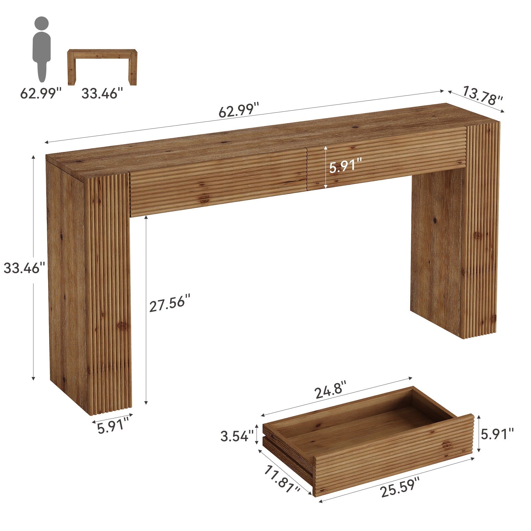 63" Solid Wood Console Table with 2 Drawers, Fluted Entryway Sofa Table for Hallway, Foyer