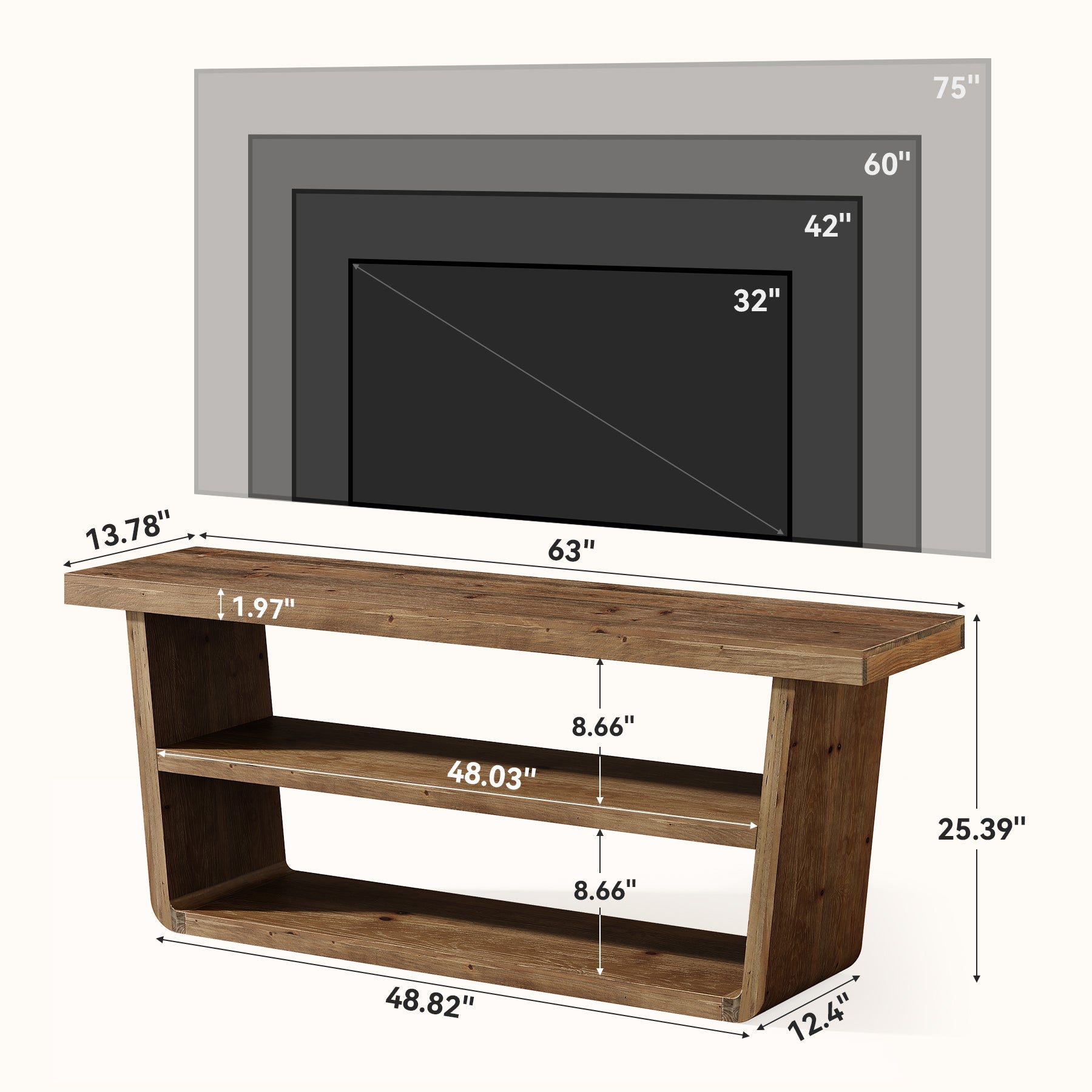 63" Solid Wood TV Stand, 3-Tier Entertainment Center with Storage for 75" TVs