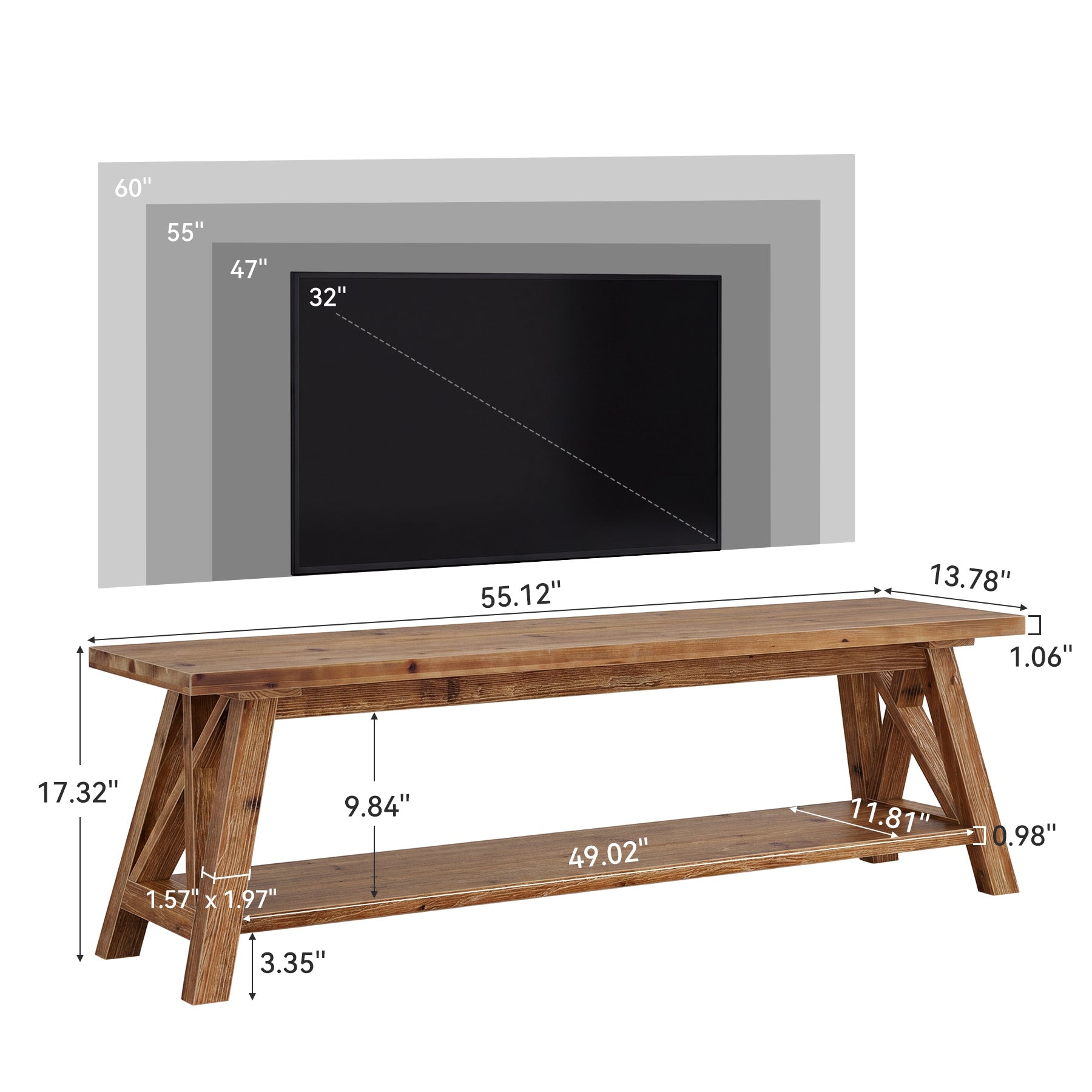 55" Solid Wood TV Stand, Farmhouse Entertainment Center for 55/60/65-Inch TVs