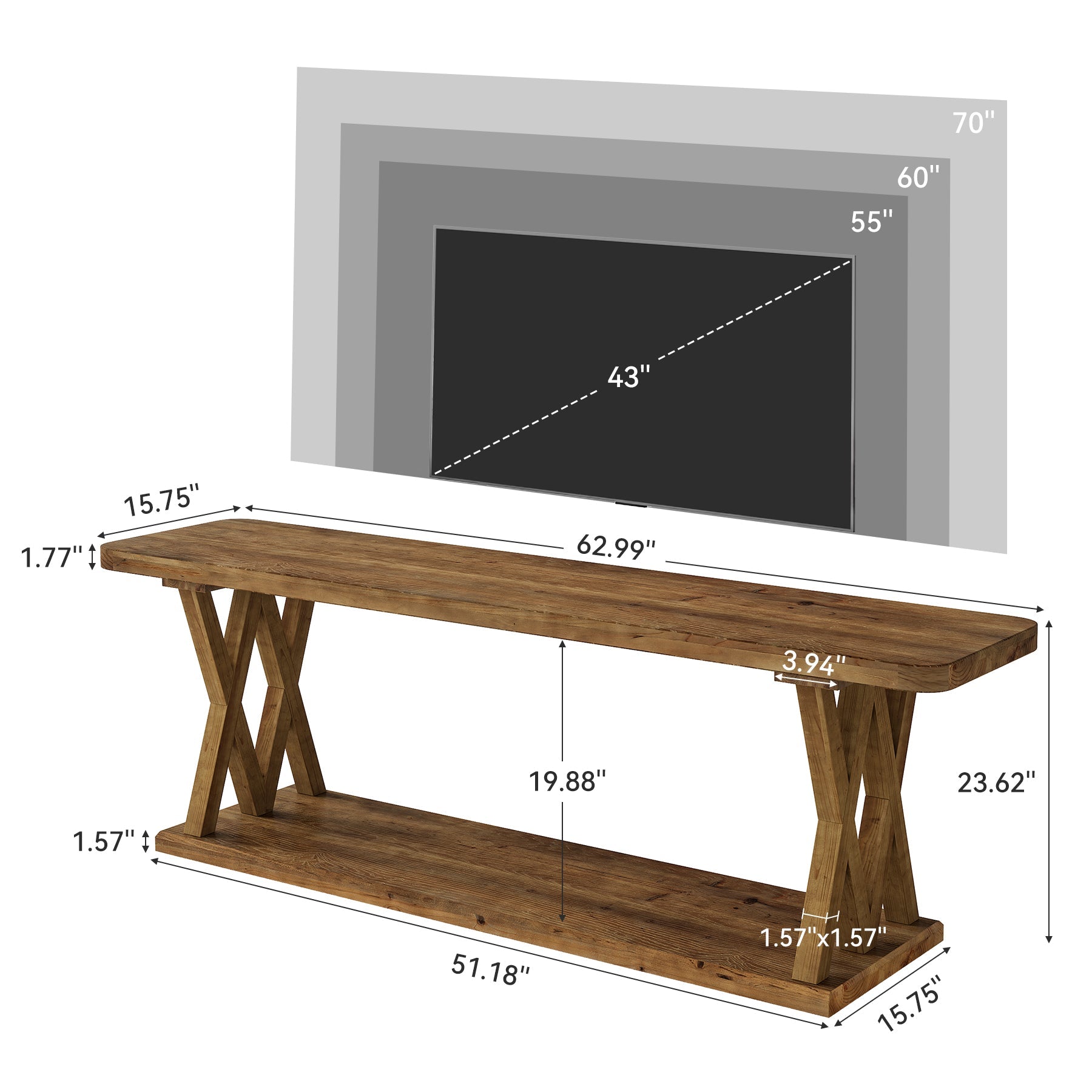 63" Solid Wood TV Stand, Farmhouse Entertainment Center for TVs Up to 75-Inch