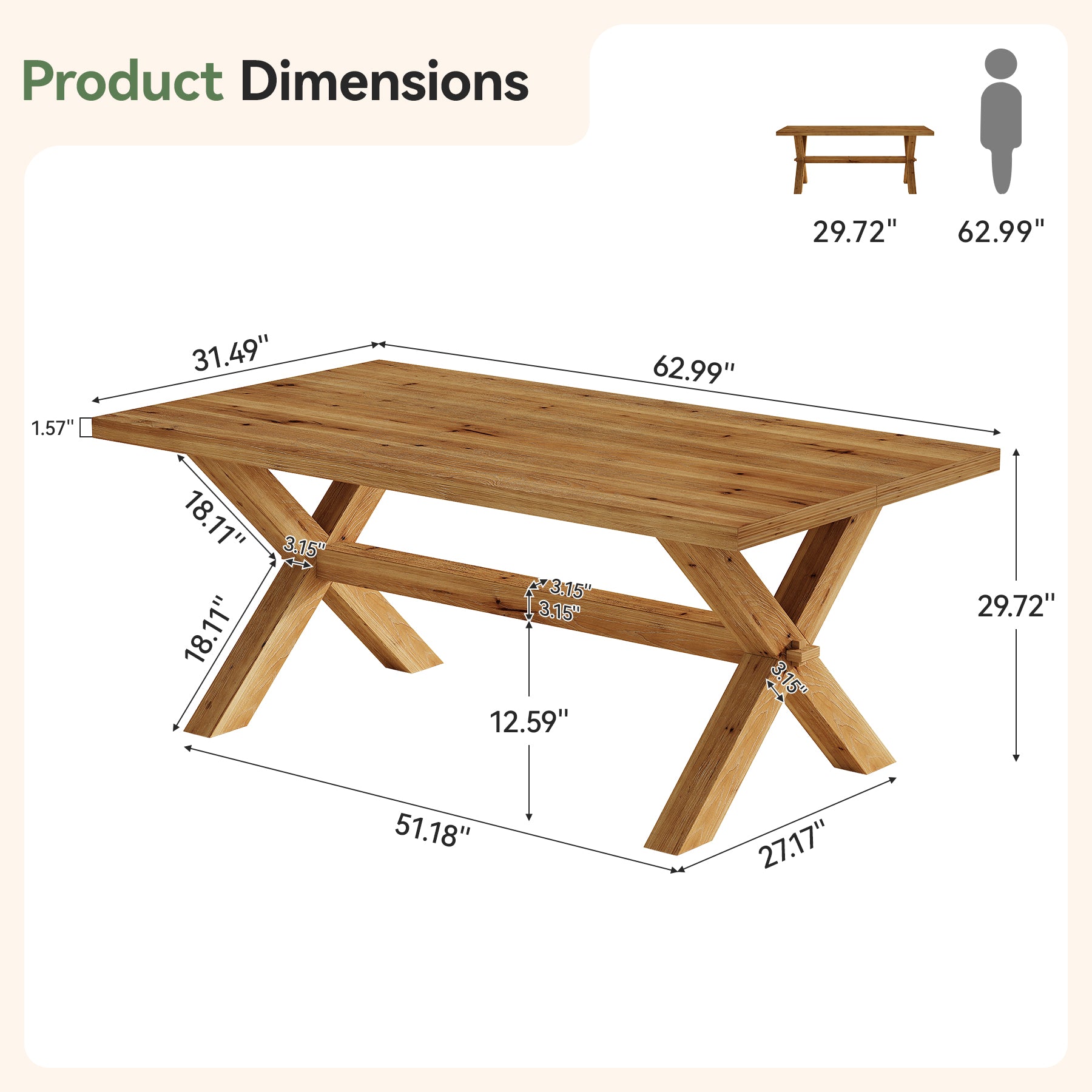 63" Rectangle Dining Table, Farmhouse Solid Wood Kitchen Table with Large Tabletop for 4-6