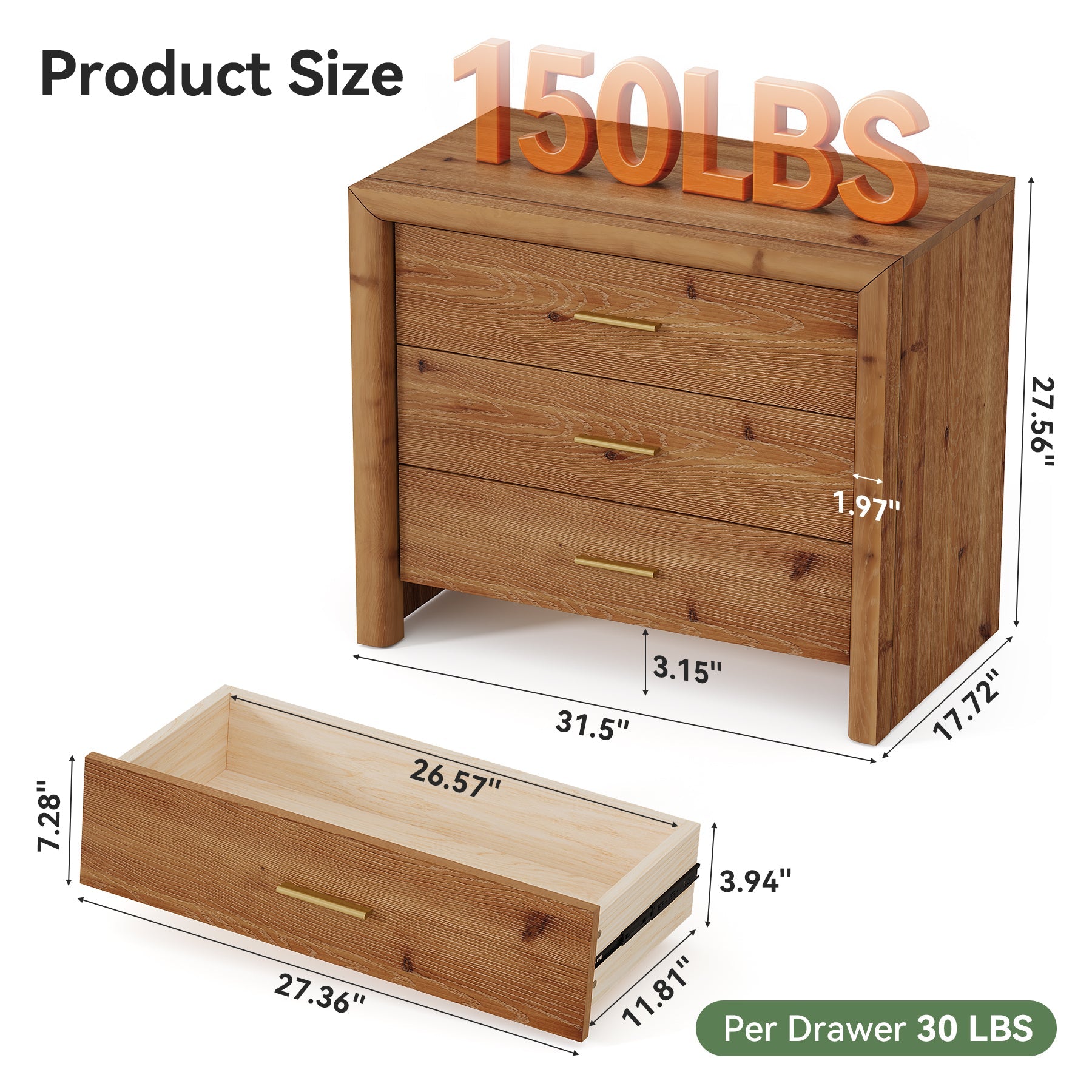 Solid Wood Nightstand with 3 Drawers, 31.5" Oversized Bedside Table for Bedroom