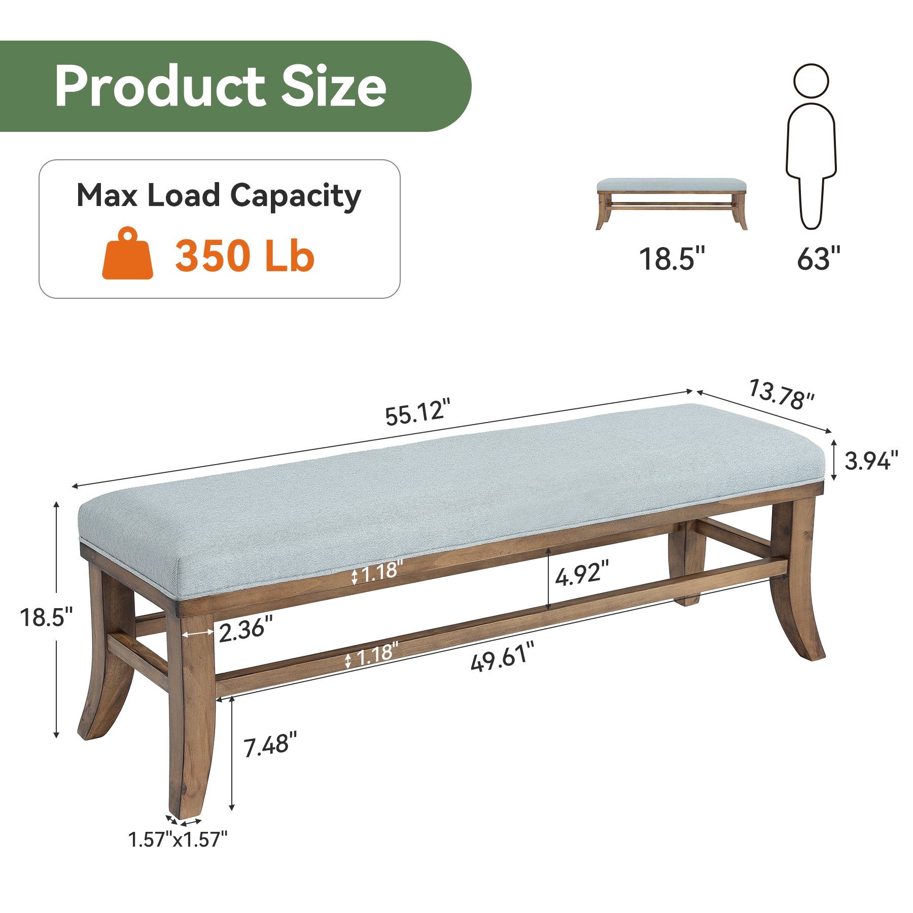 Solid Wood Upholstered Dining Bench, 55" Padded Kitchen Bench Seats 2-3 People