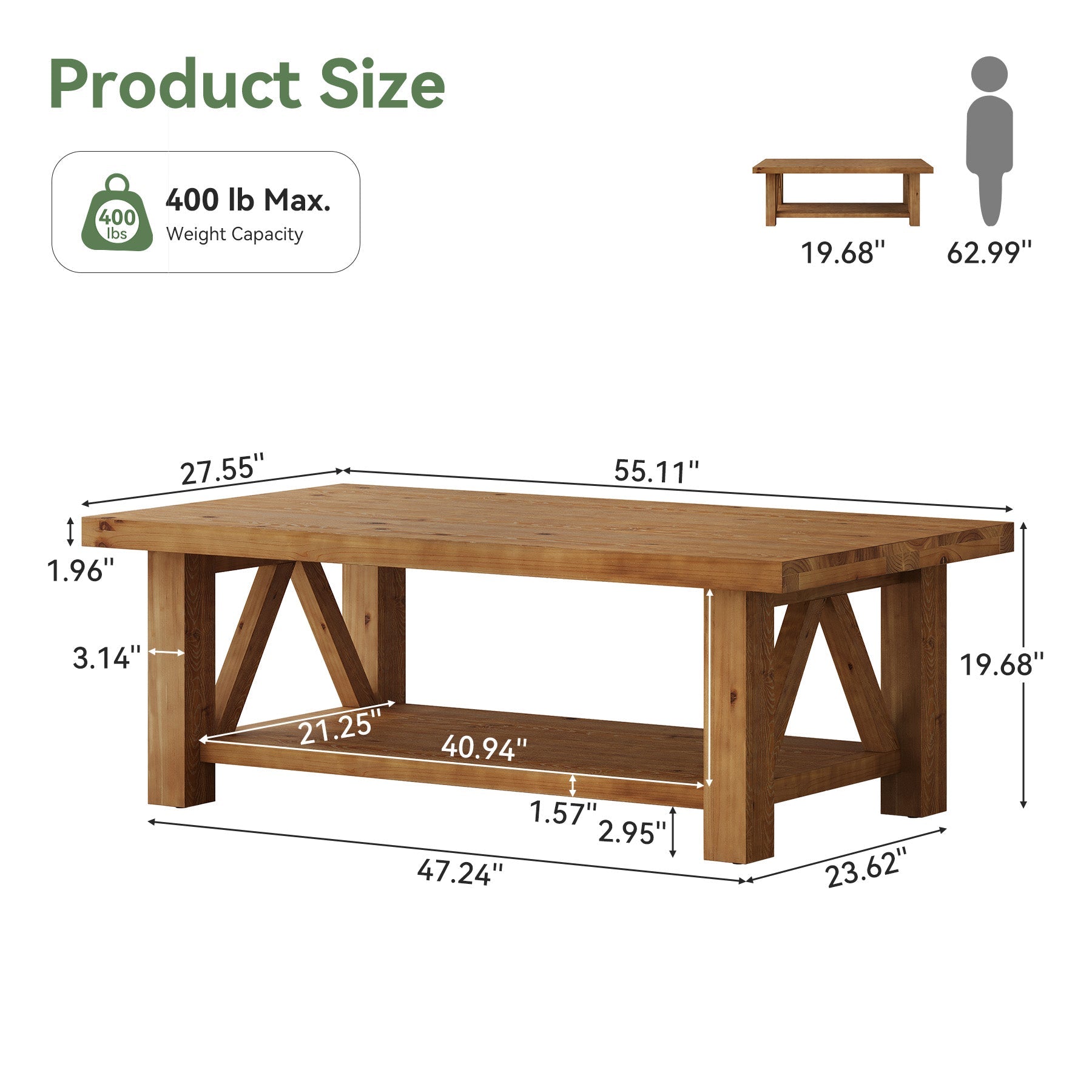 55" Rectangular Coffee Table, 2-Tier Solid Wood Center Table for Living Room