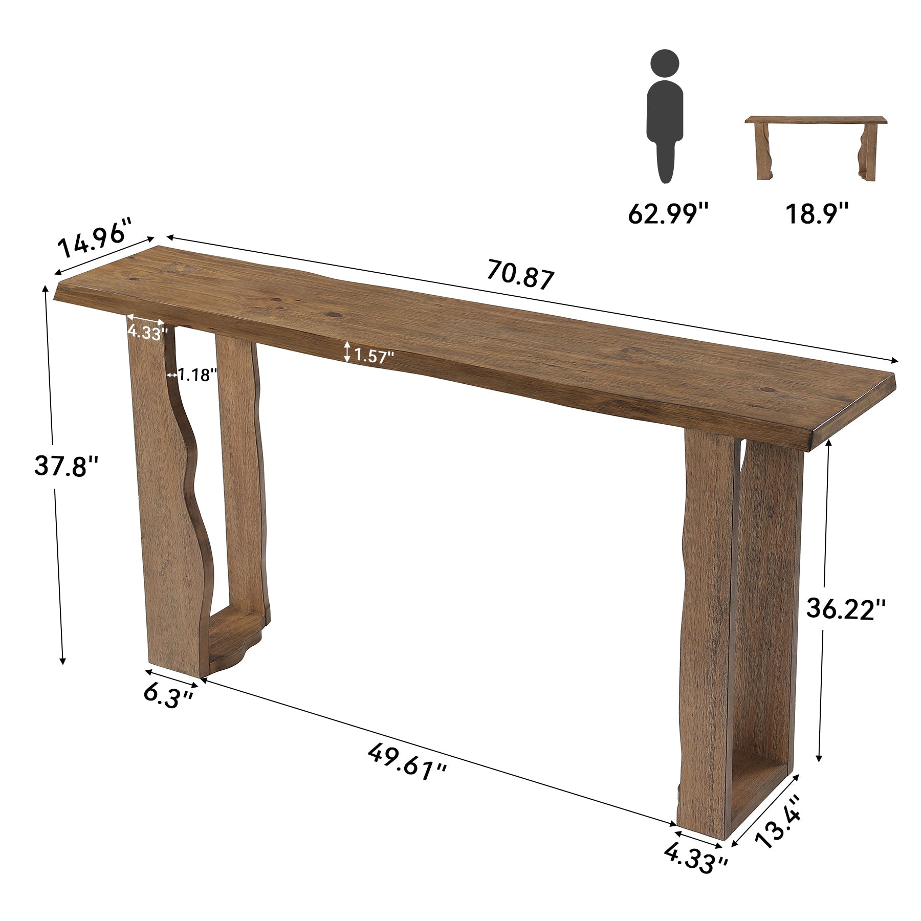 Solid Wood Bar Table with Curved Wave Legs, 70.9" Counter Height Pub Table for Kitchen