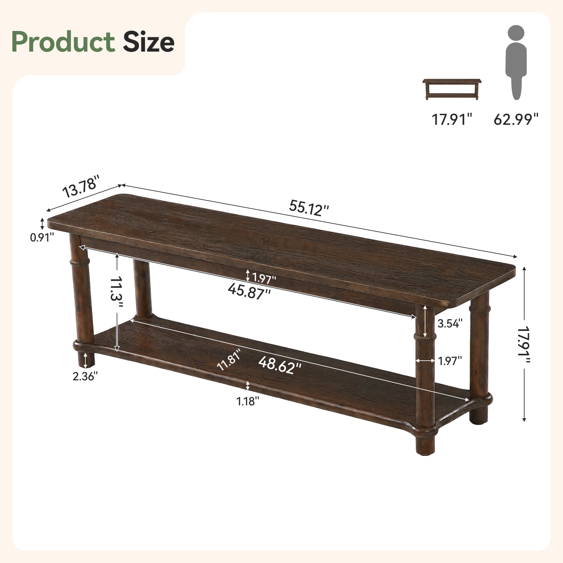 55" Farmhouse Entryway Bench with Open Shelf, 2-Tier Solid Wood Shoe Bench, Hallway