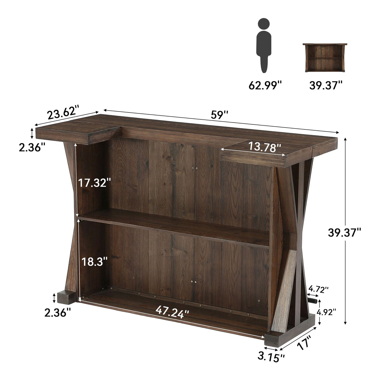 59" Home Bar Unit with Storage Shelves & Foot Rail, Farmhouse Solid Wood 3-Tier Bar Cabinet