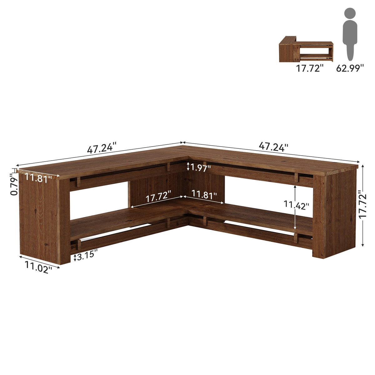 47" L-Shaped Corner Bench, Rustic Solid Wood Shoe Storage, Backless Entryway Mudroom