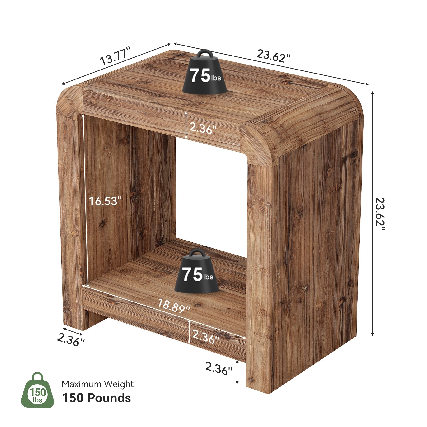 23.62" Solid Wood End Table, 2-Tier Narrow Side Table with Storage for Living Room