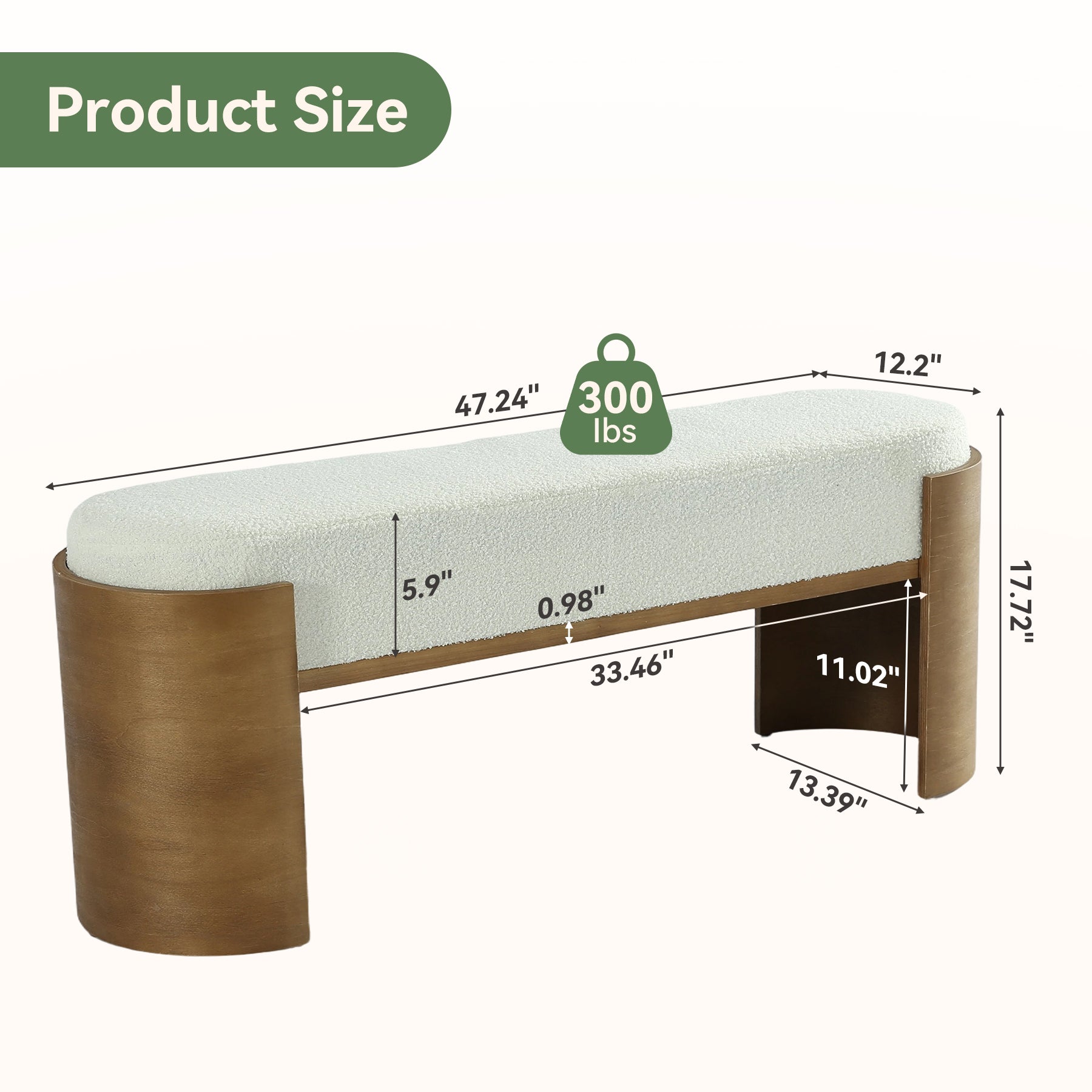 47.2" Solid Wood Entryway Bench, Upholstered End of Bed Bench for Bedroom
