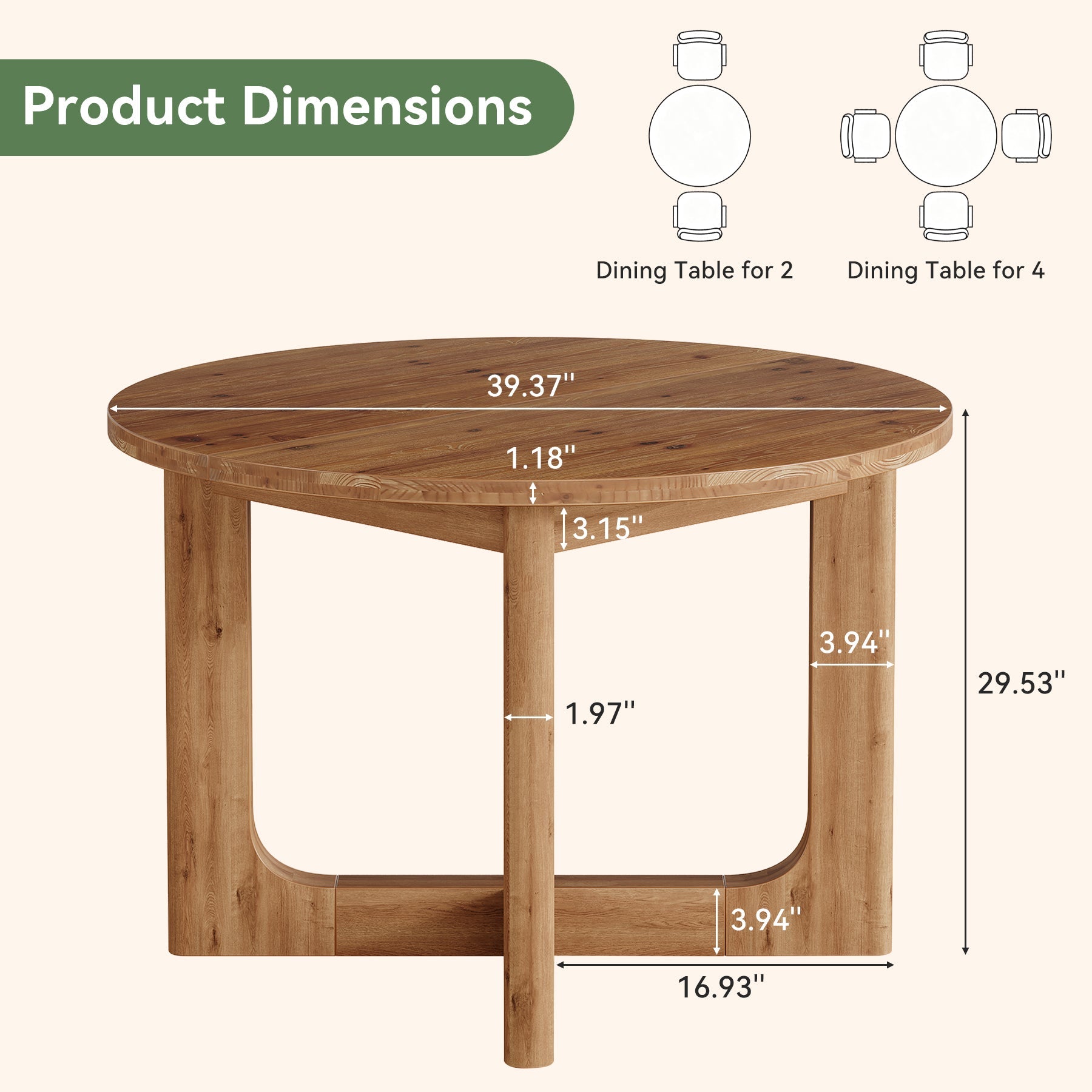 39.4" Round Solid Wood Dining Table, Farmhouse Kitchen Table with X-Cross Legs for 2-4