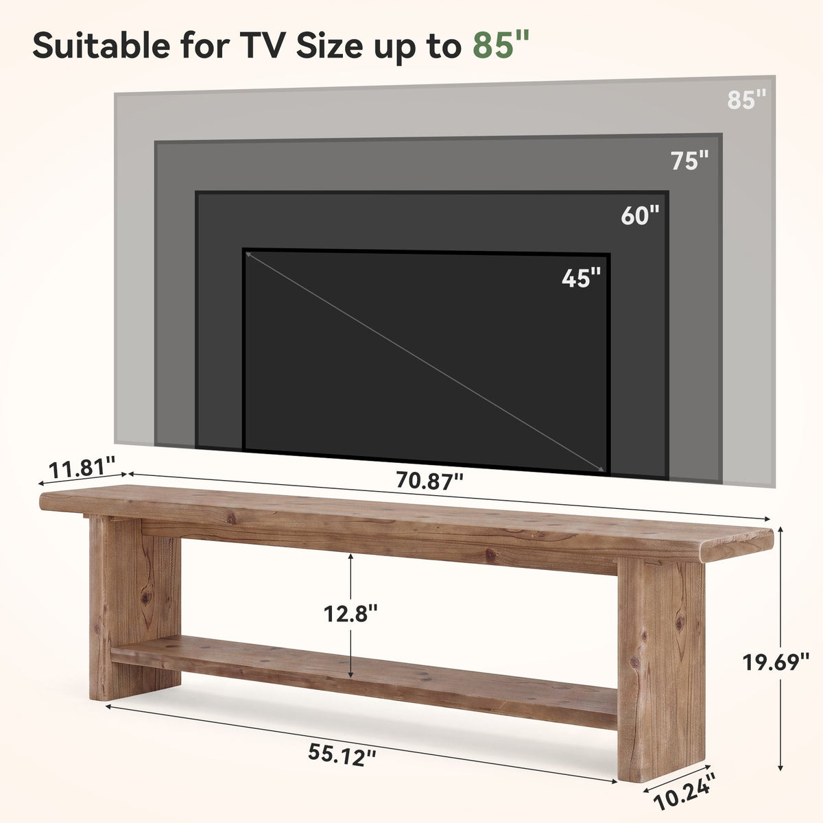71" Solid Wood TV Stand for 85" TV, 2-Tier Farmhouse Entertainment Center with Storage