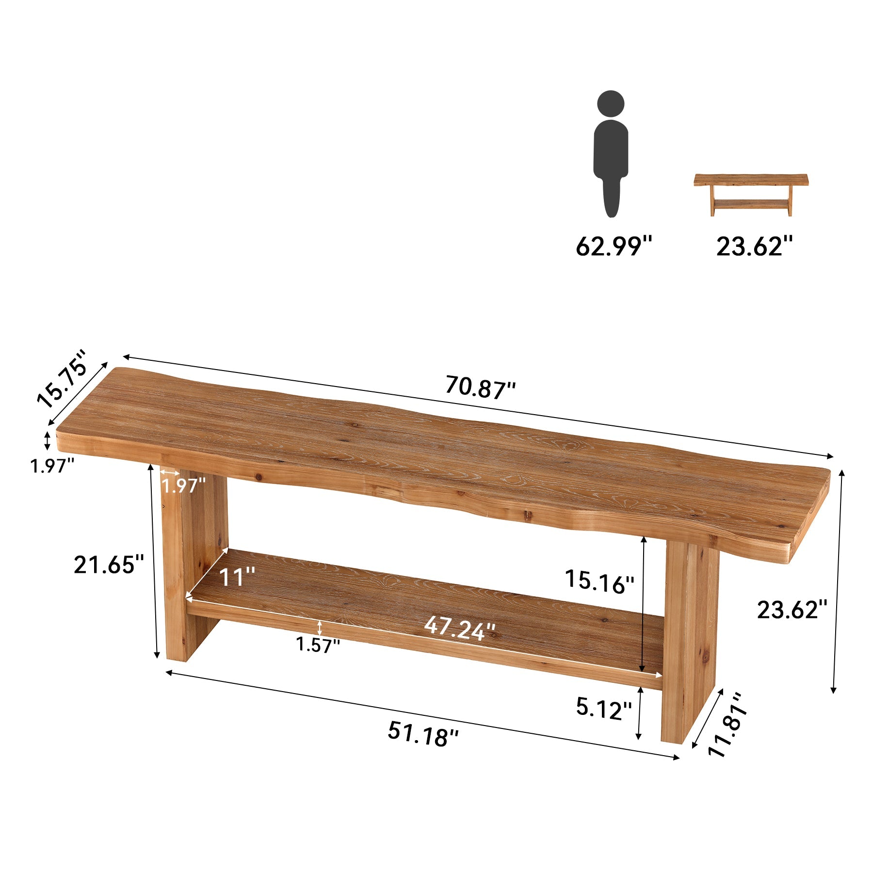 70.8" Solid Wood Entryway Bench, 2-Tier End of Bed Bench for Bedroom, Living Room