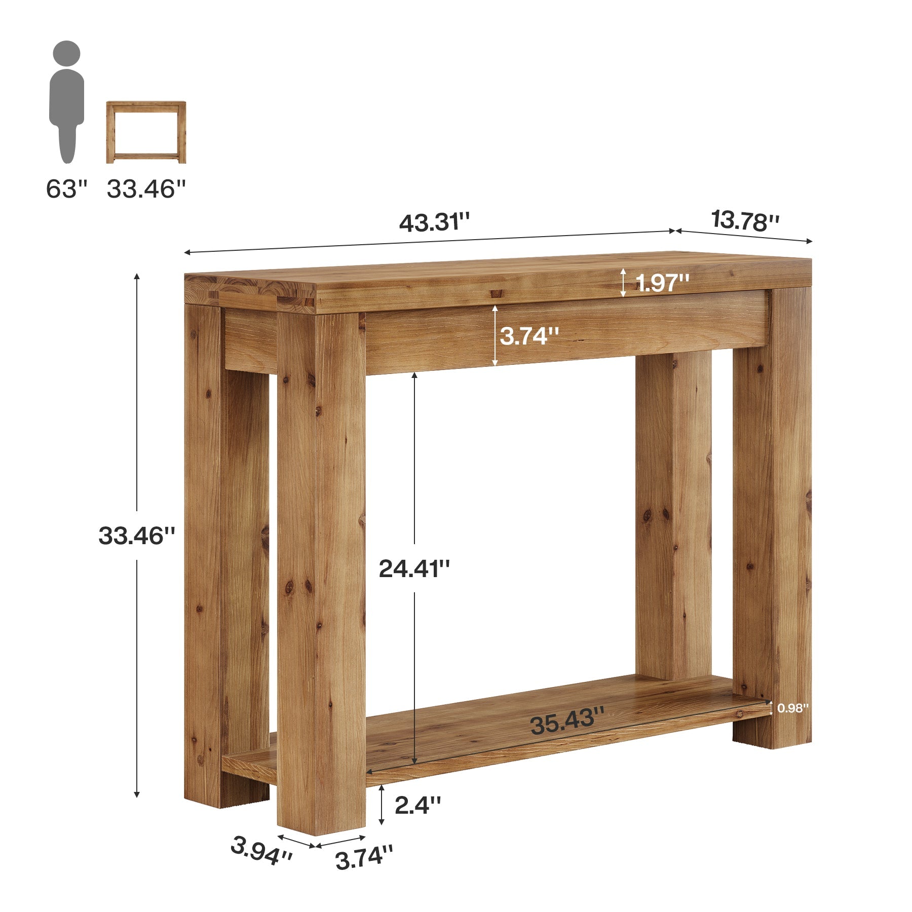 Solid Wood 43.31" Farmhouse Console Table, Narrow Entryway Sofa Table for Living Room, Hallway