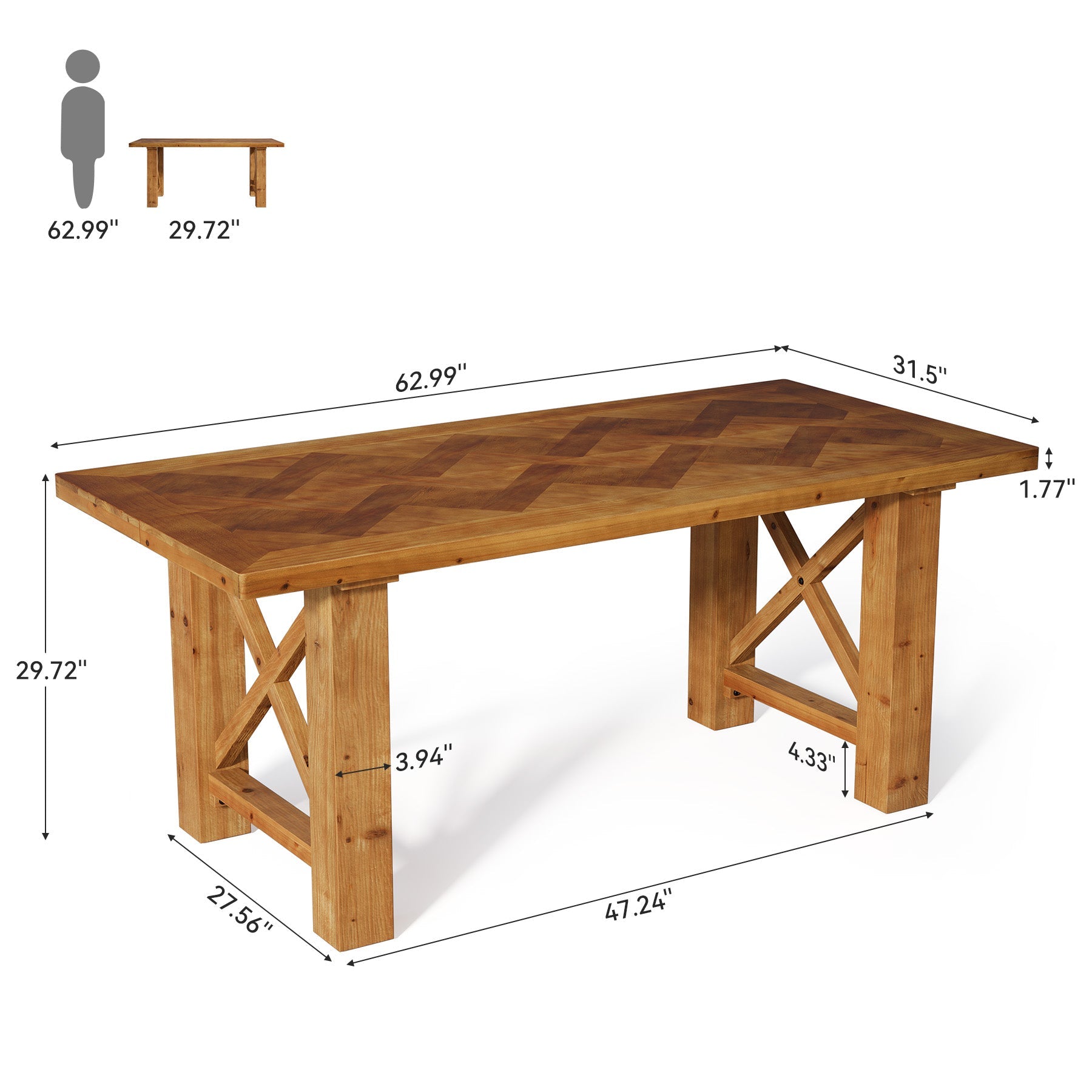 63" Solid Wood Dining Table for 4-6, Rectangle Kitchen Table with X-Shaped Frame