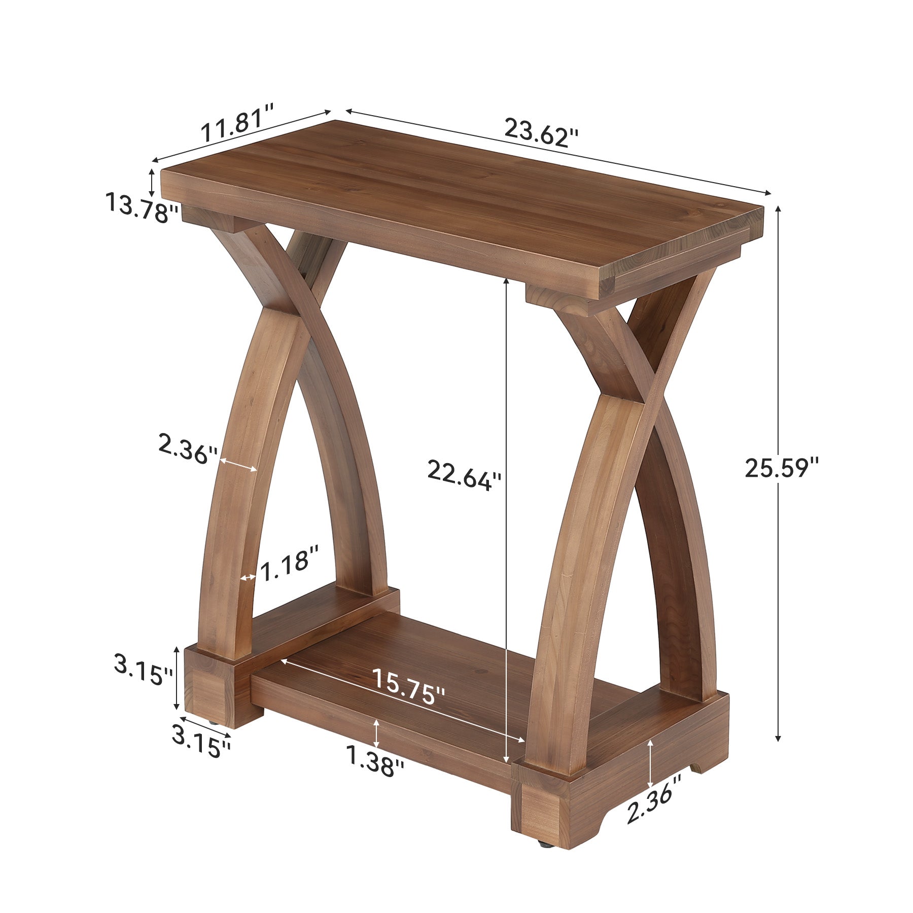 23.62" Solid Wood End Table, 2-Tier Side Table with Curved X-Frame for Small Spaces