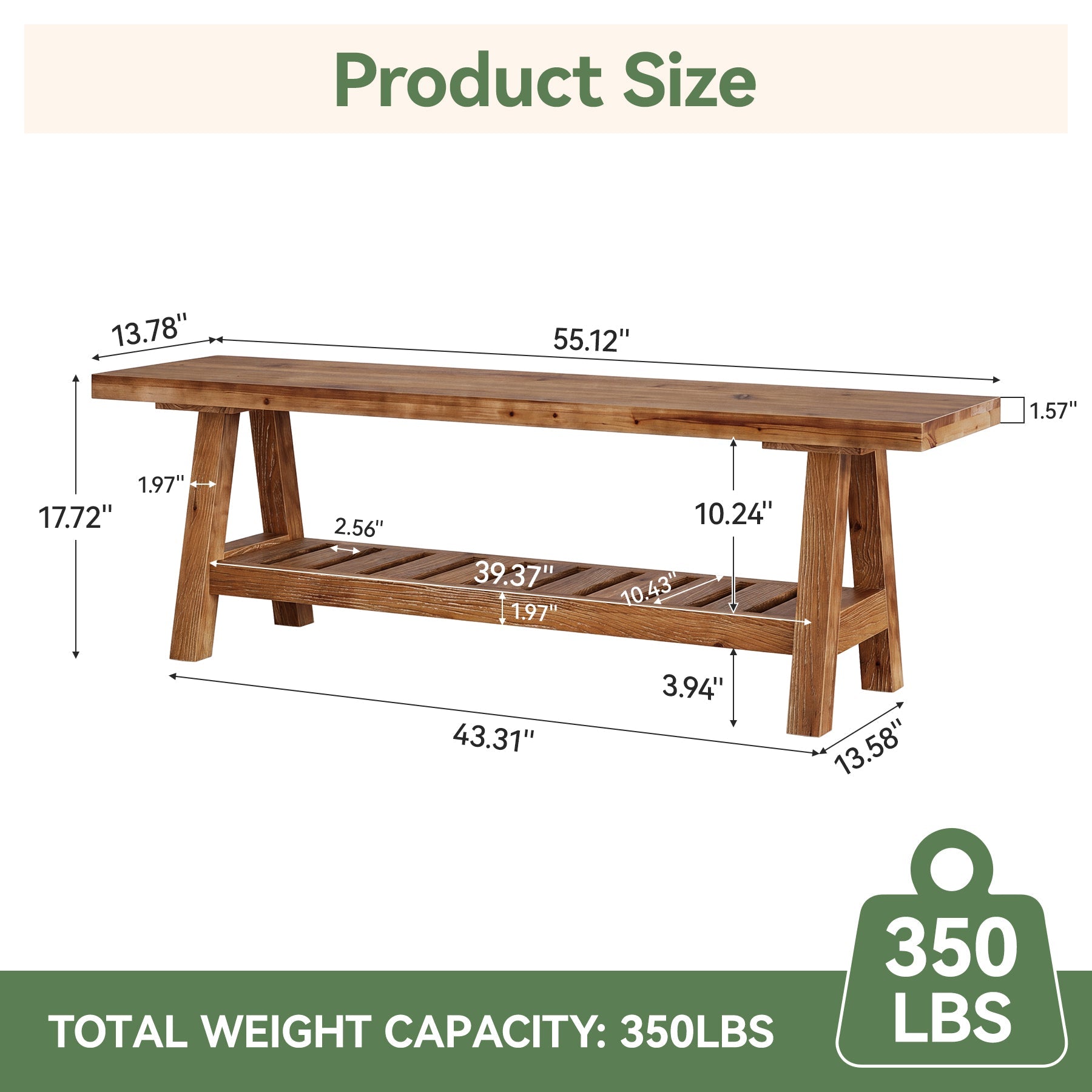 55" Entryway Bench, Solid Wood Shoe Bench End of Bed Seating with Storage Shelf