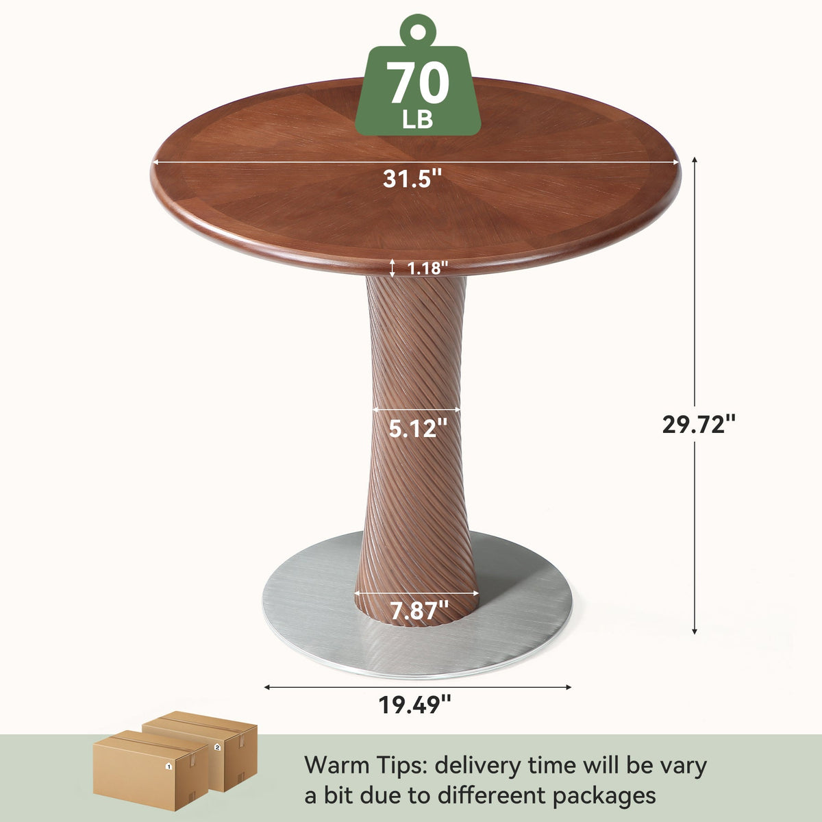 31.5” Round Dining Table, Solid Wood Kitchen Table with Hourglass Pedestal for 2