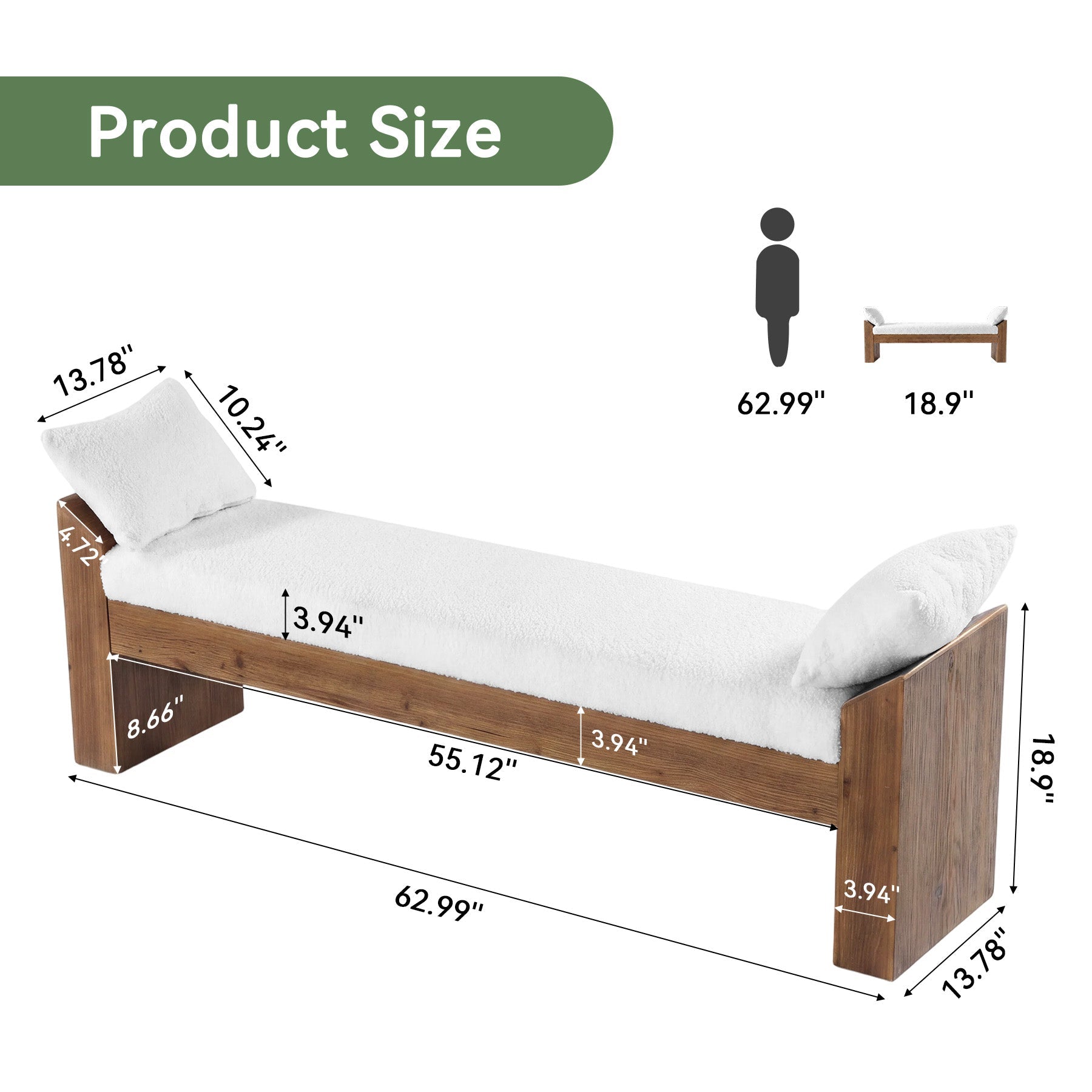 63" Solid Wood Entryway Bench with Sherpa Cushion & 2 Removable Pillows, Upholstered Farmhouse Shoe Bench
