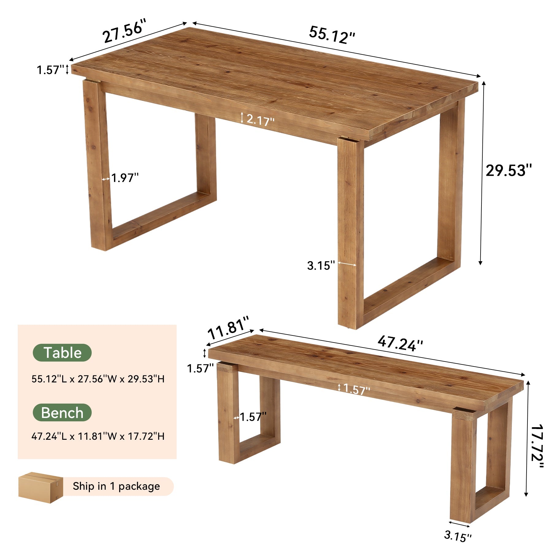 3-Piece Solid Wood Dining Table Set, Rectangular Kitchen Table with 2 Benches