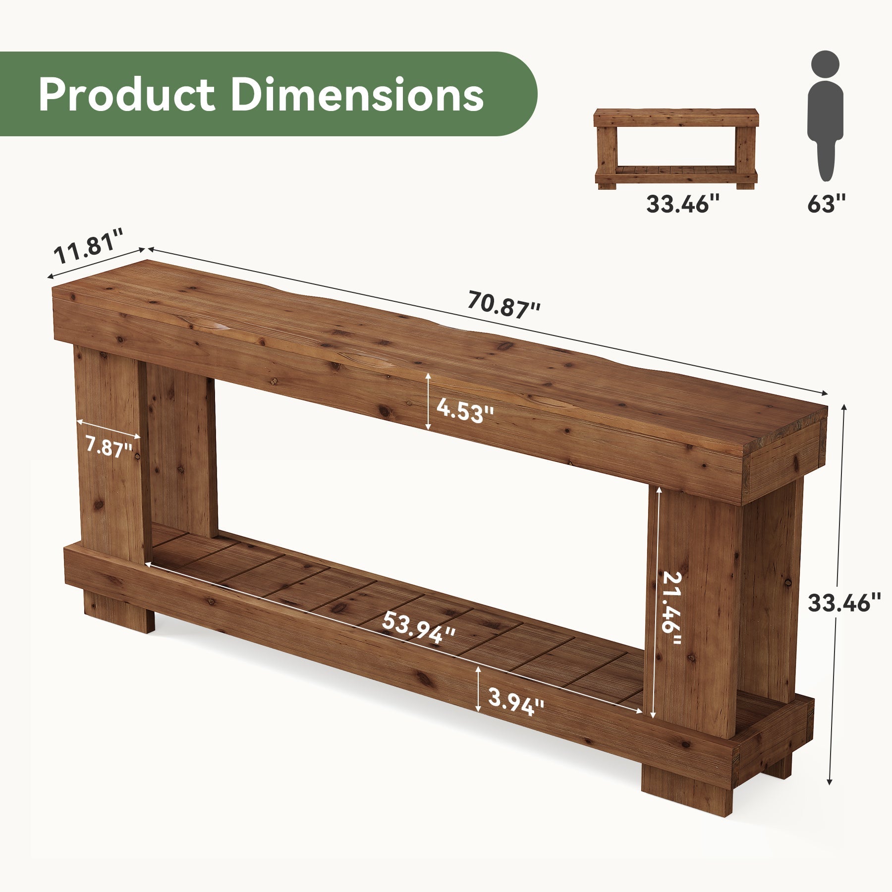 70.87" Solid Wood Console Table, 2-Tier Farmhouse Entryway Table Sofa Table Behind Couch