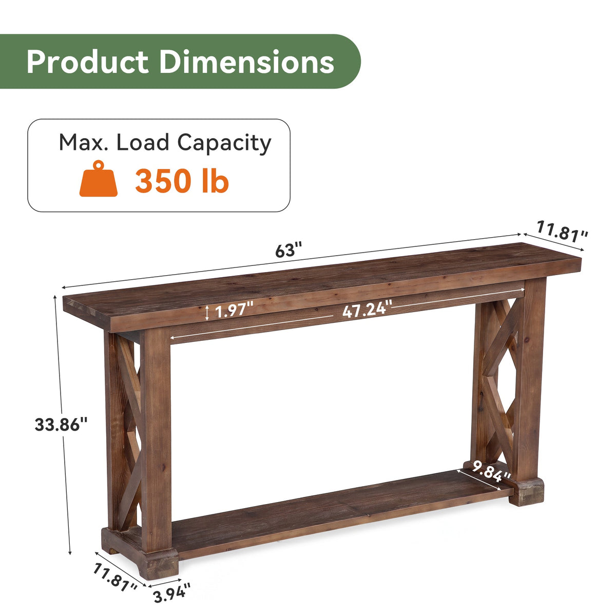 63" Console Table, Farmhouse Solid Wood, 2-Tier X-Shaped Frame, Narrow Sofa Table