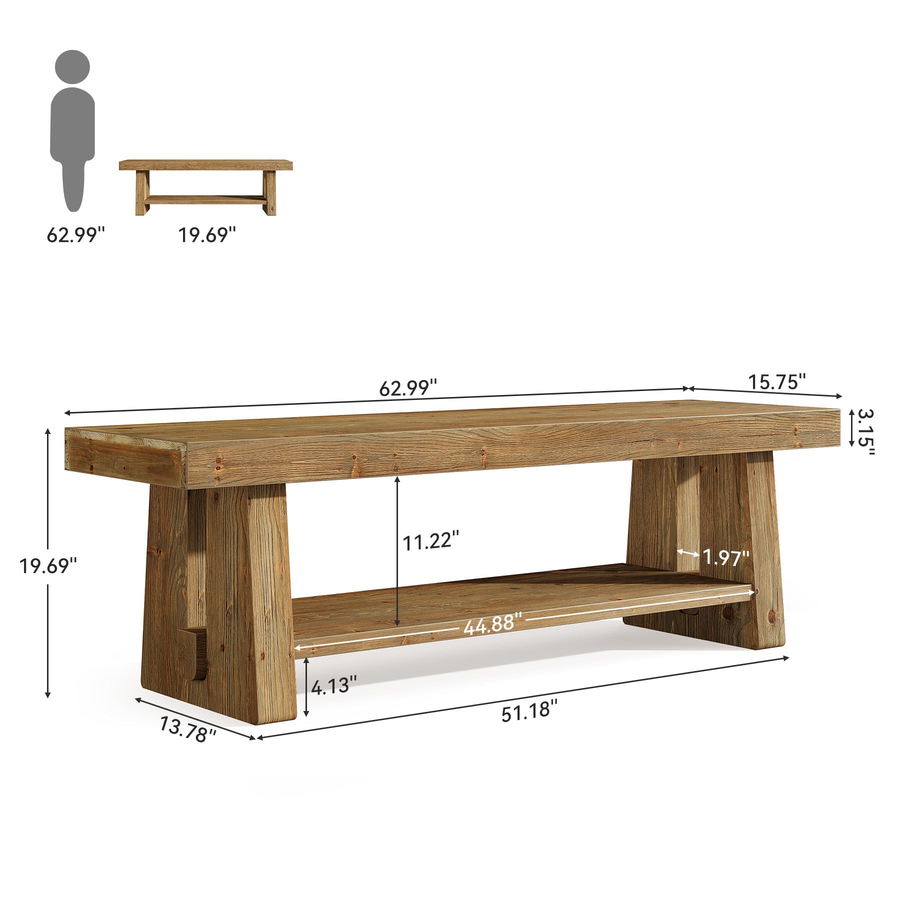 63" Solid Wood Farmhouse Bench with Open Shelves, 2-Tier Shoe Storage Bench for Hallway & Bedroom