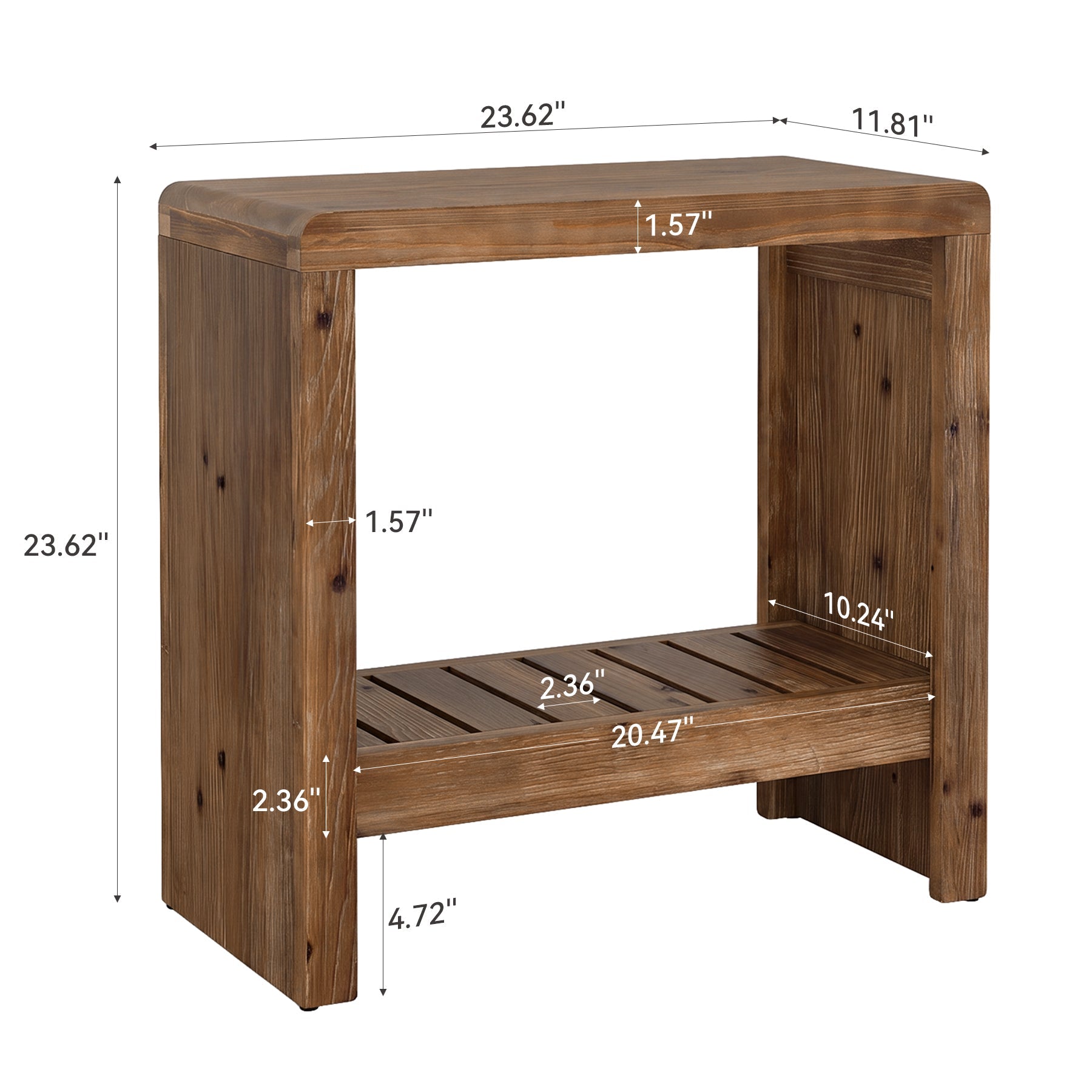23.6" Solid Wood End Table, Narrow Sofa Side Table with Slatted Shelf