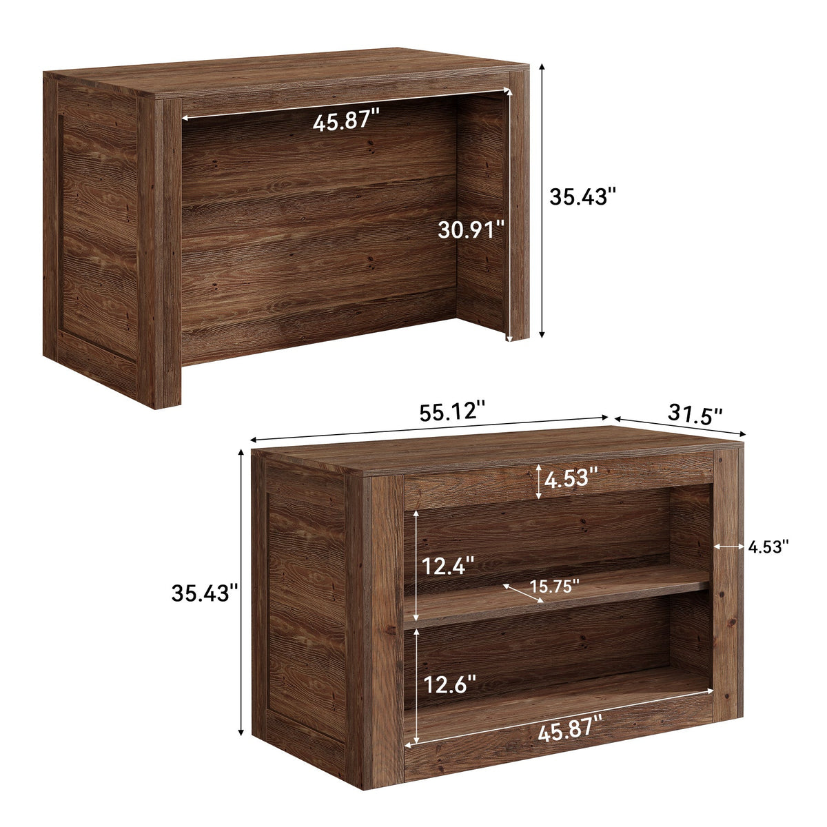55" Solid Wood Home Bar Table, Farmhouse Counter Height Pub Table with 2-Tier Storage