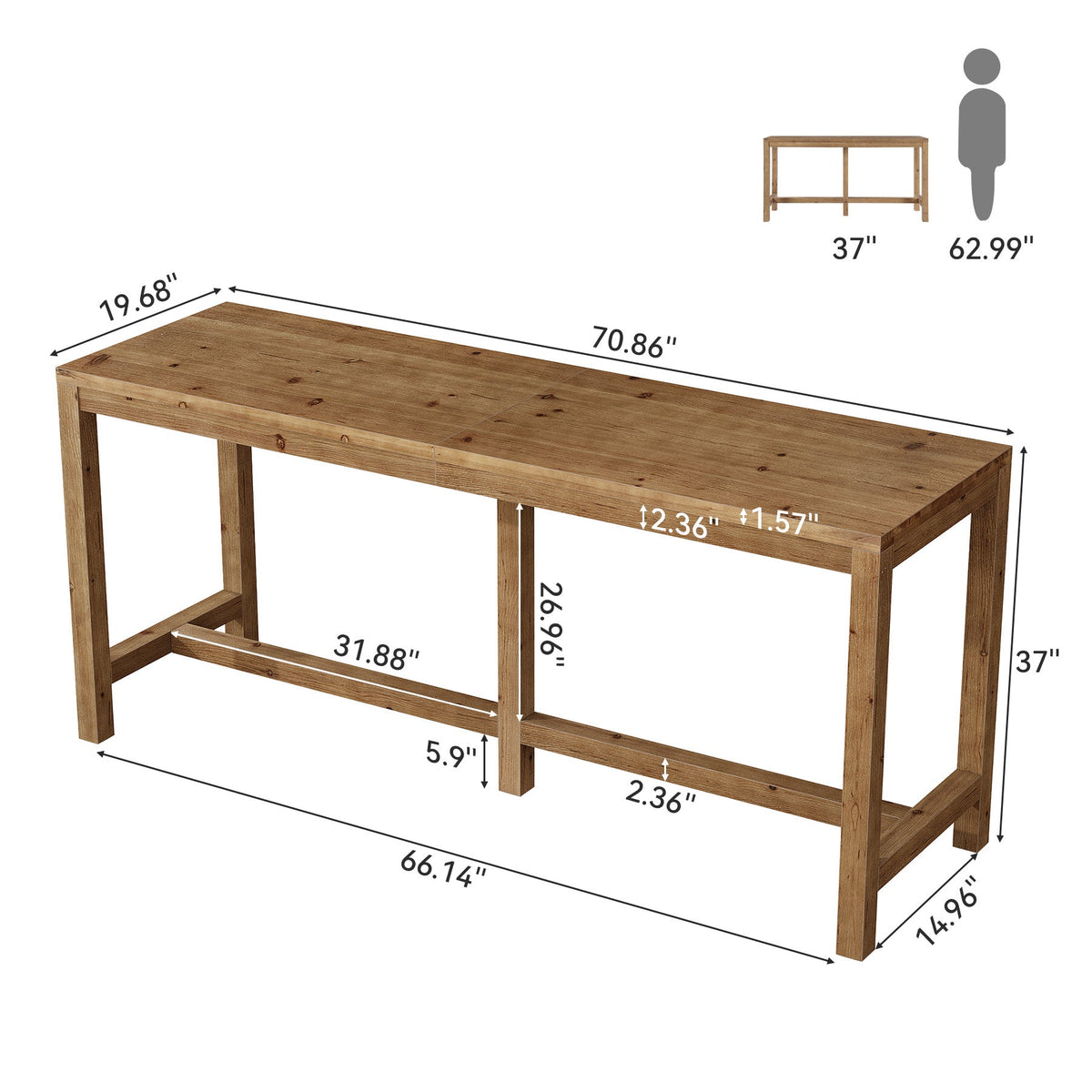 70.9" Solid Wood Bar Table for 6-8 People, Narrow Counter Height Pub Table with Footrest