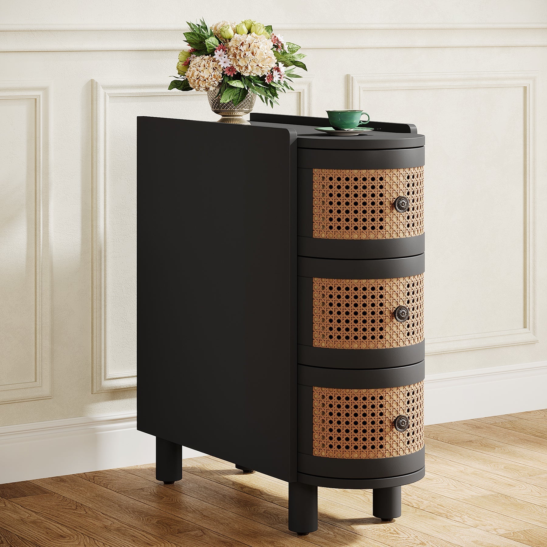 Wood End Table, Narrow Side Table Nightstand with 3-drawer - Thumbnail 3