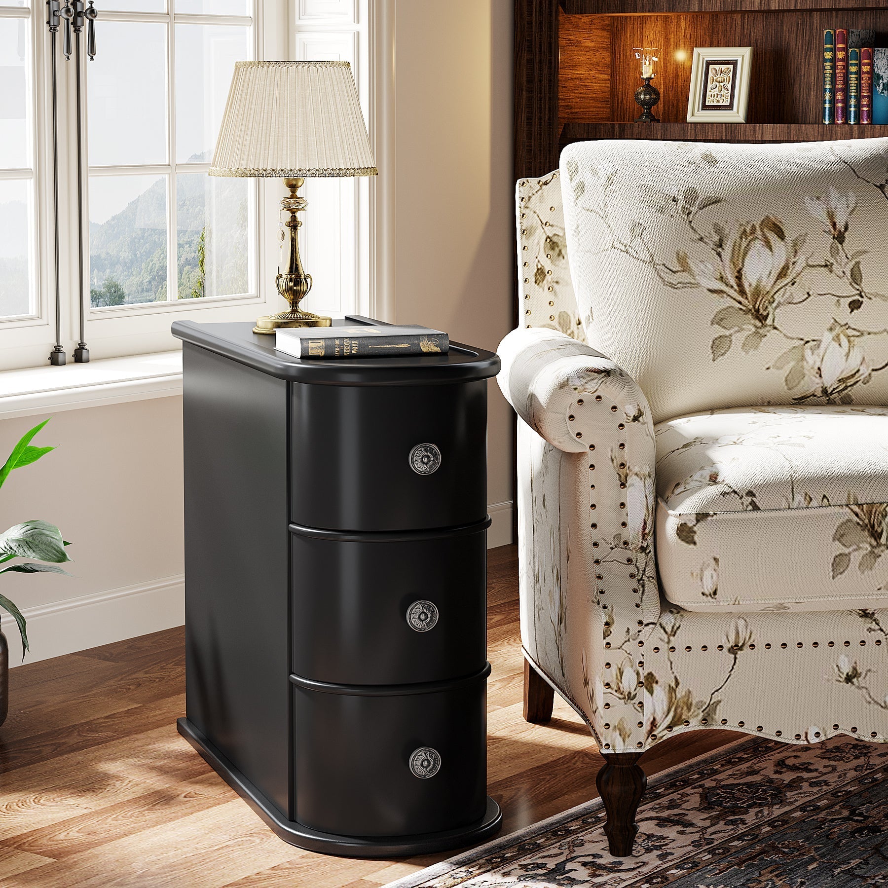 Wood Tall End Table, Narrow Side Table Nightstand with 2 Drawers Tribesigns