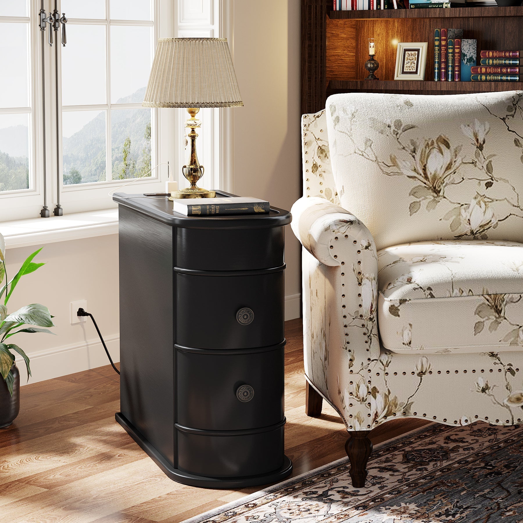 Wood Tall End Table, Narrow Side Table Nightstand with 2 Drawers Tribesigns